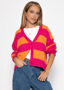 Cardigan with block strips and V-neck - pink