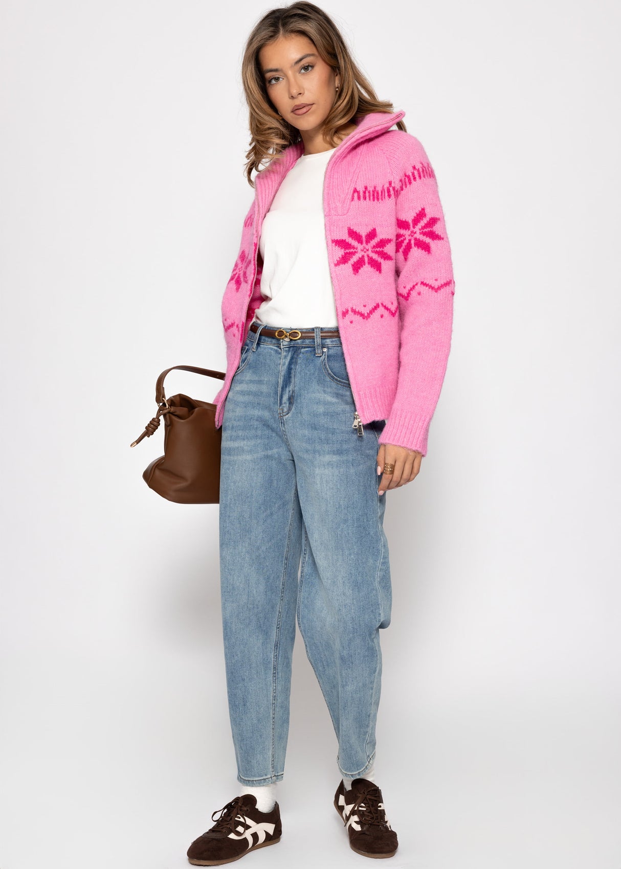 Cardigan with zipper and snowflake pattern - pink