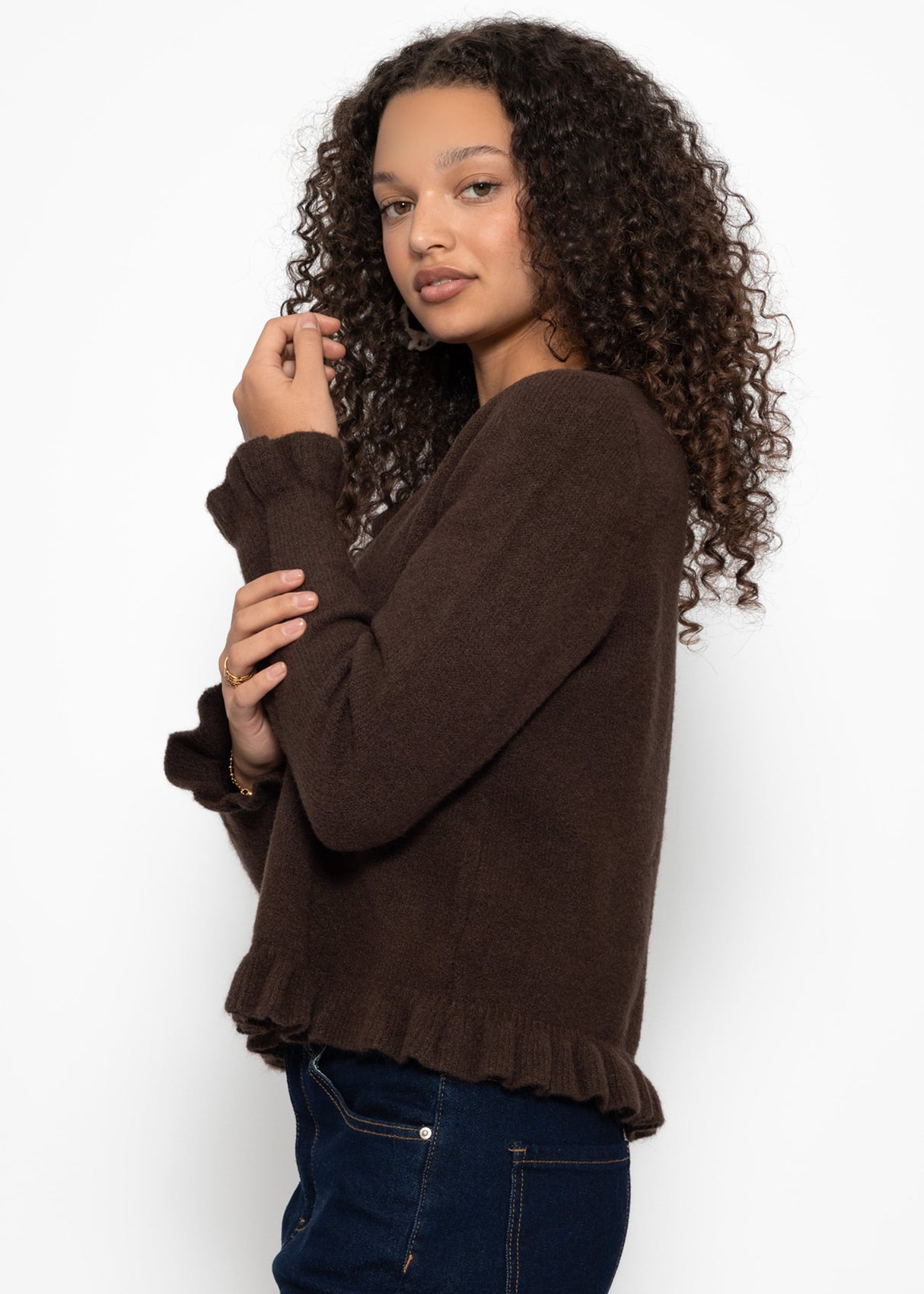 Cardigan with ruffles - dark brown