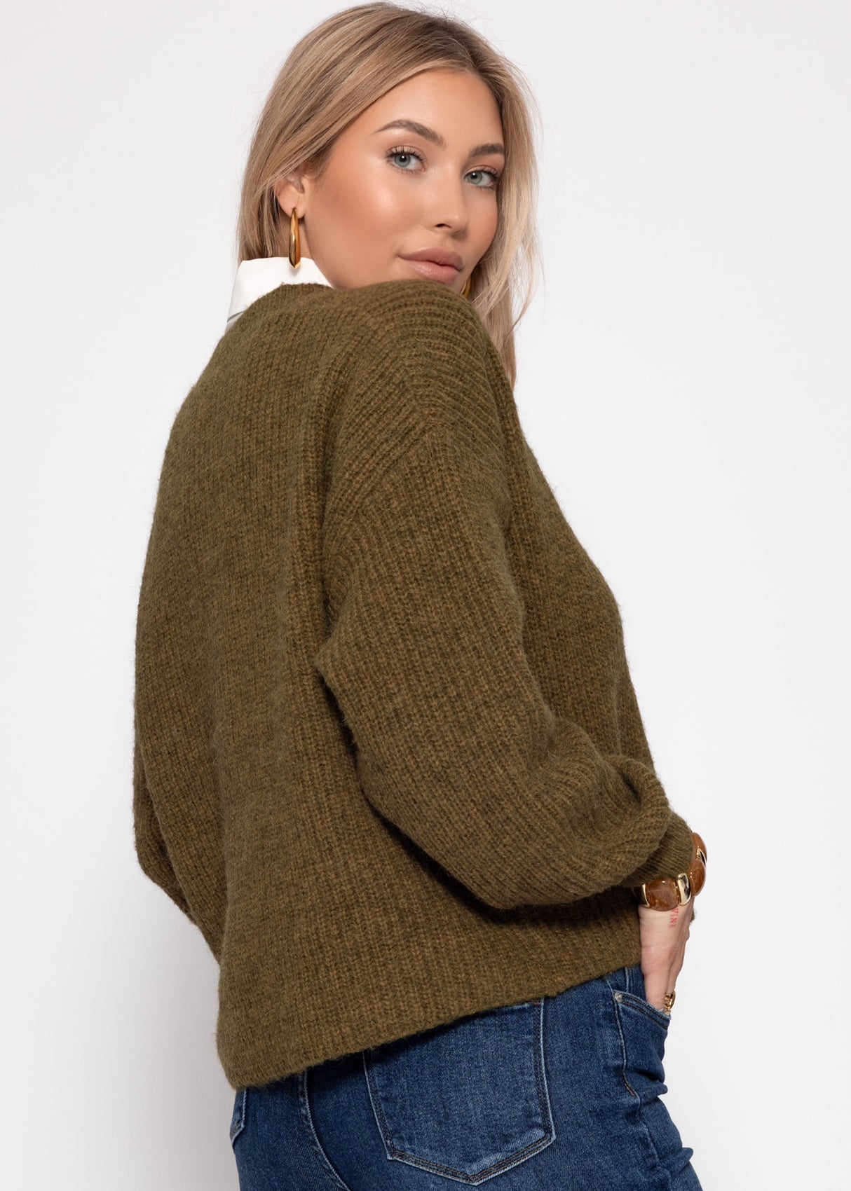 Cardigan with round neckline - khaki