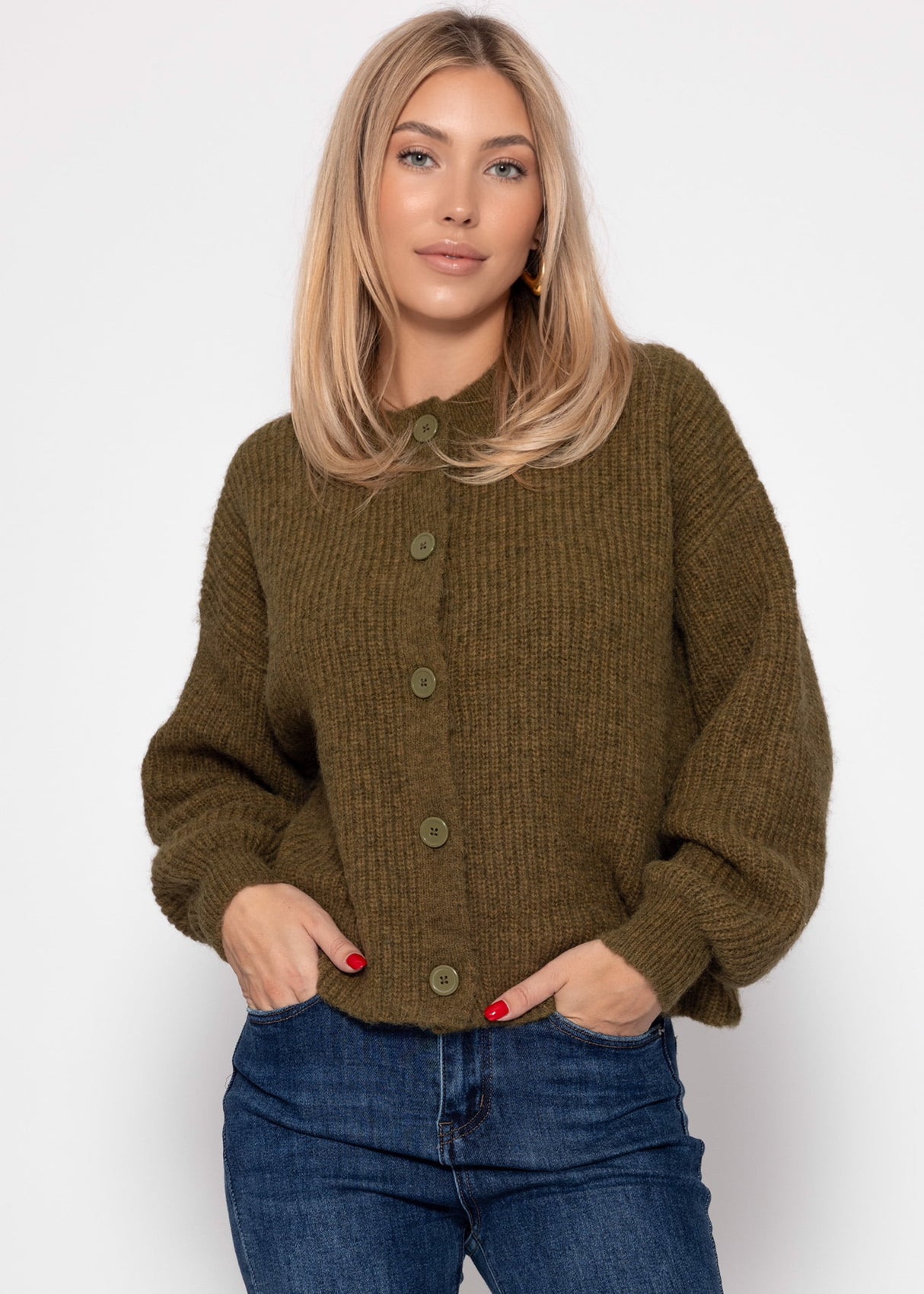 Cardigan with round neckline - khaki
