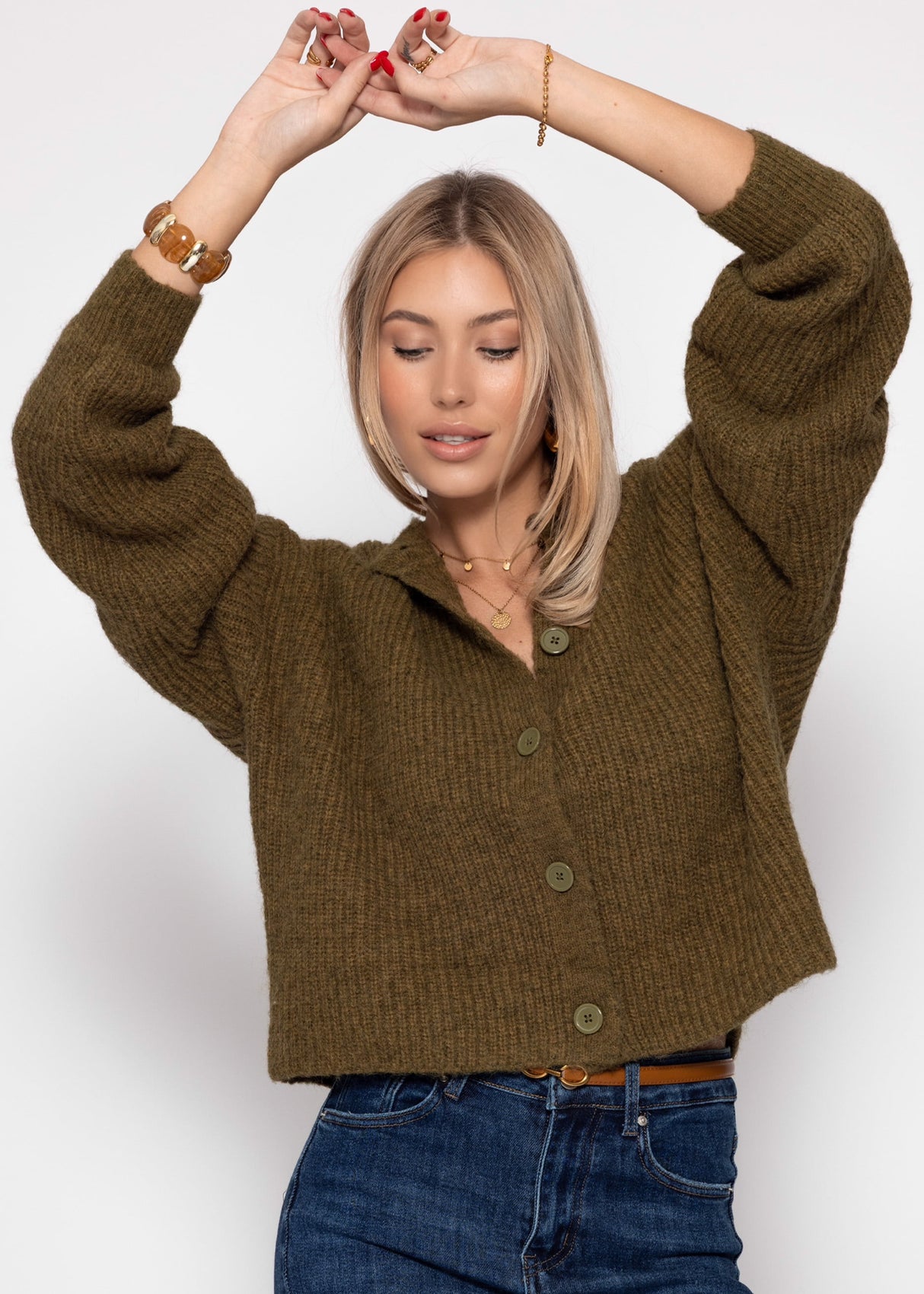 Cardigan with round neckline - khaki