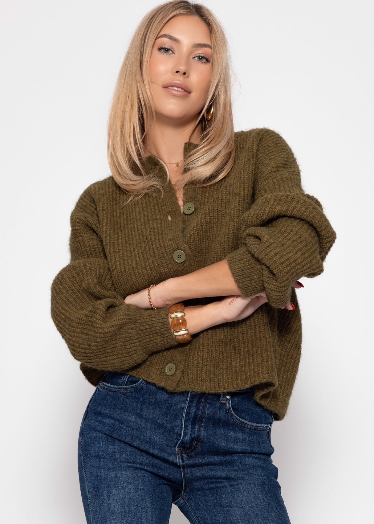 Cardigan with round neckline - khaki