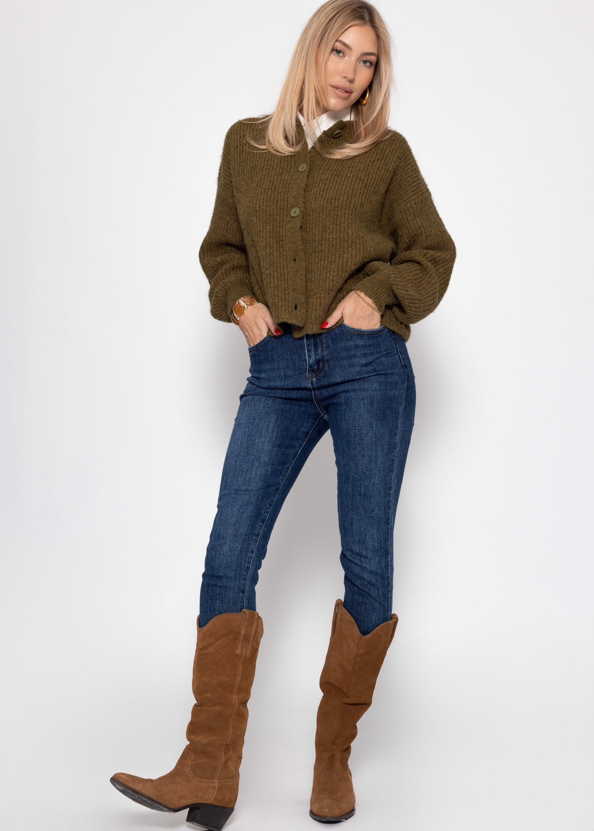 Cardigan with round neckline - khaki