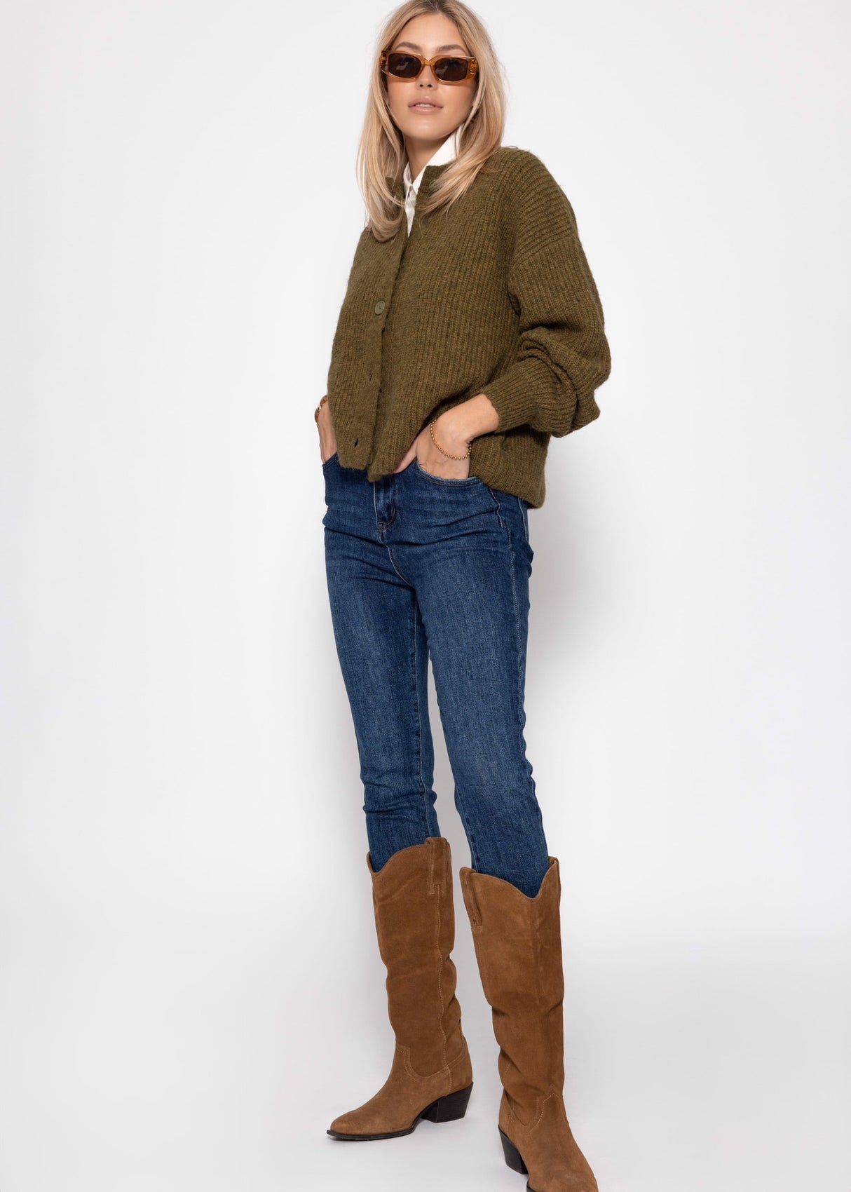 Cardigan with round neckline - khaki