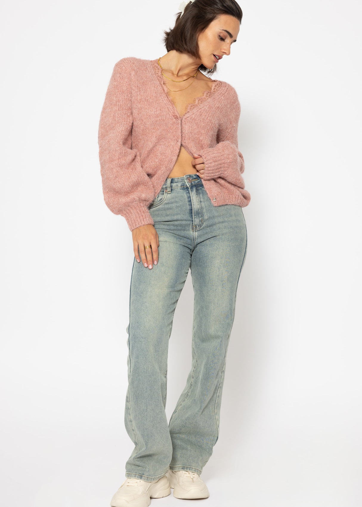 Cardigan with lace neckline - old pink