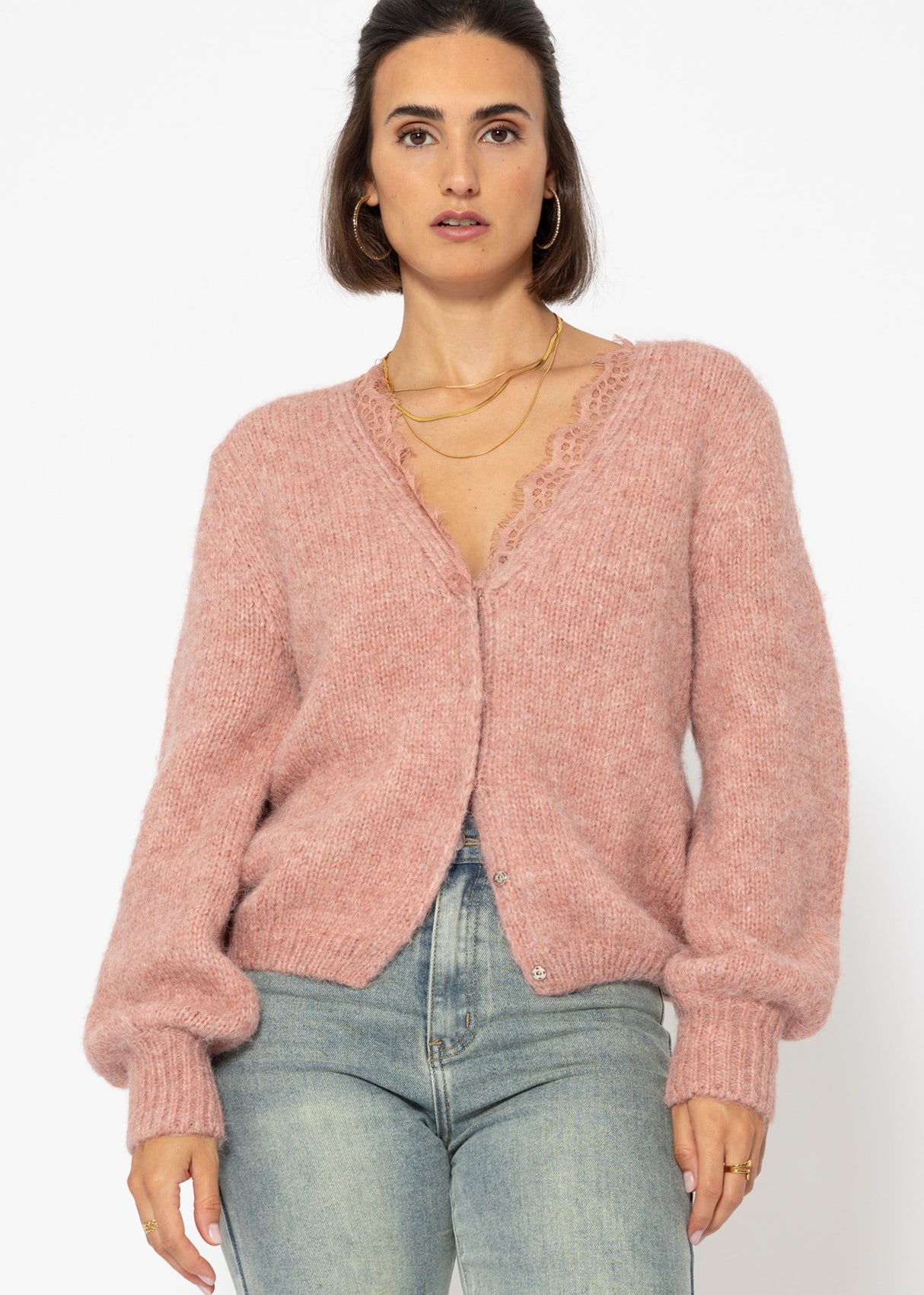 Cardigan with lace neckline - old pink