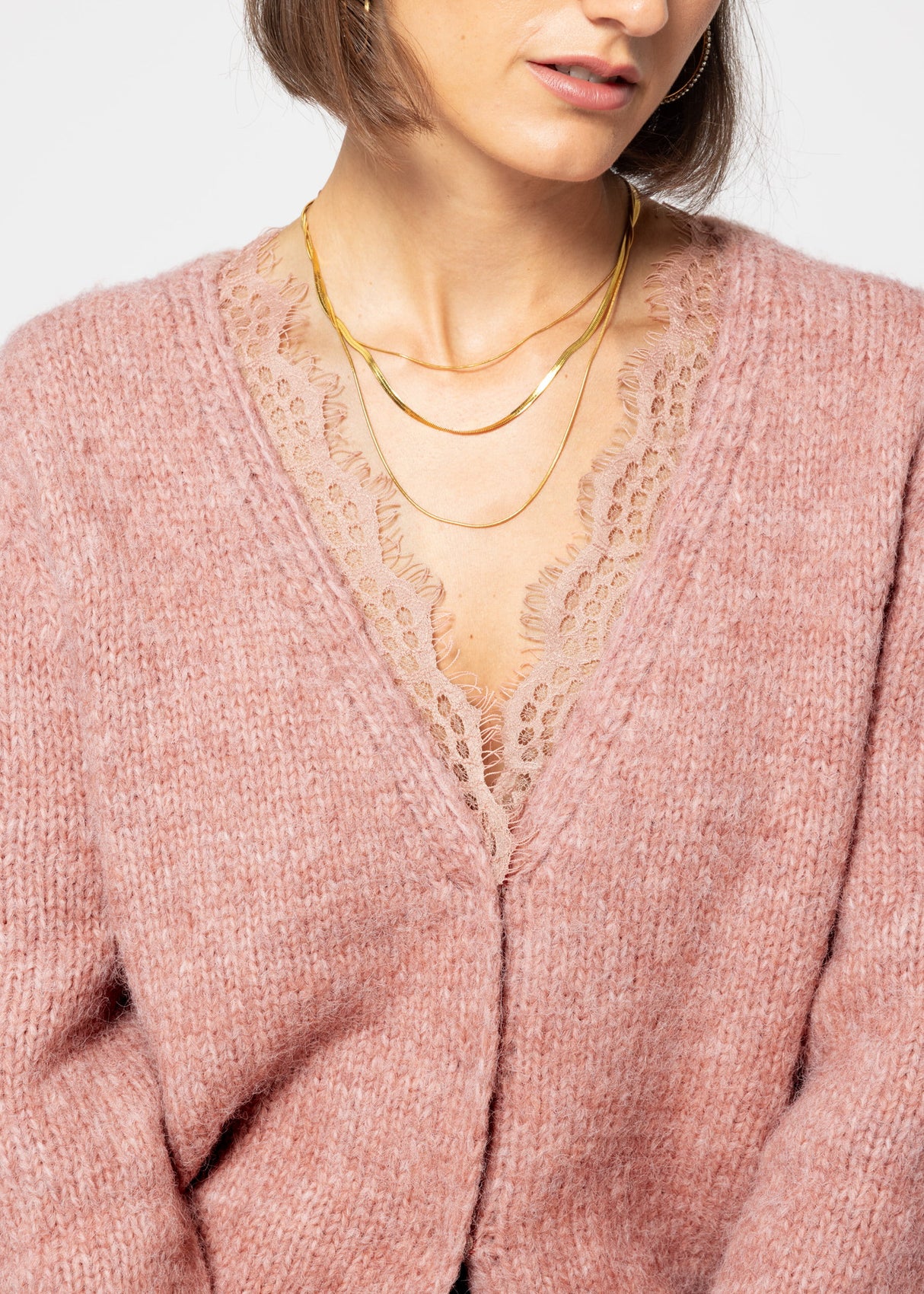 Cardigan with lace neckline - old pink