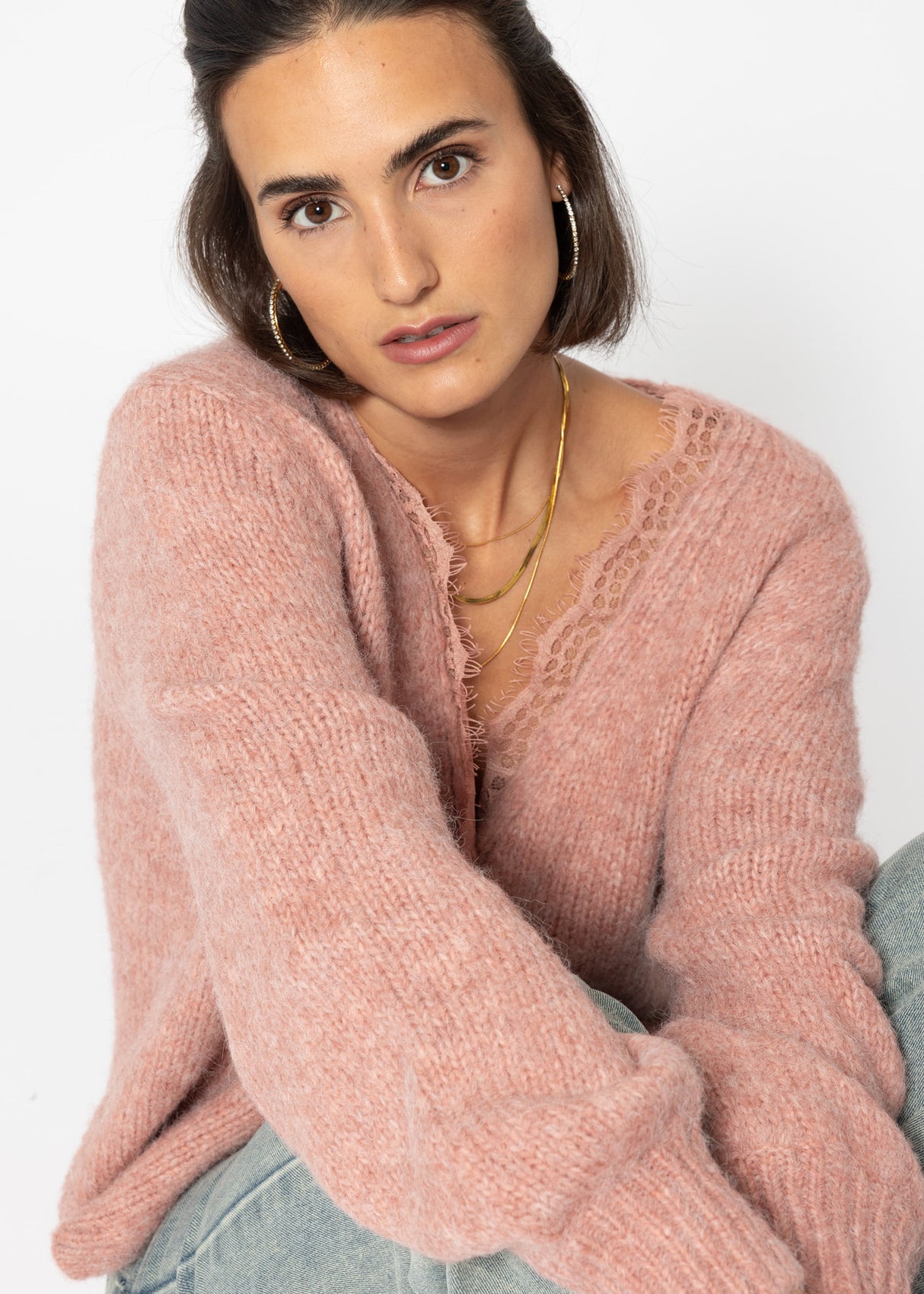 Cardigan with lace neckline - old pink