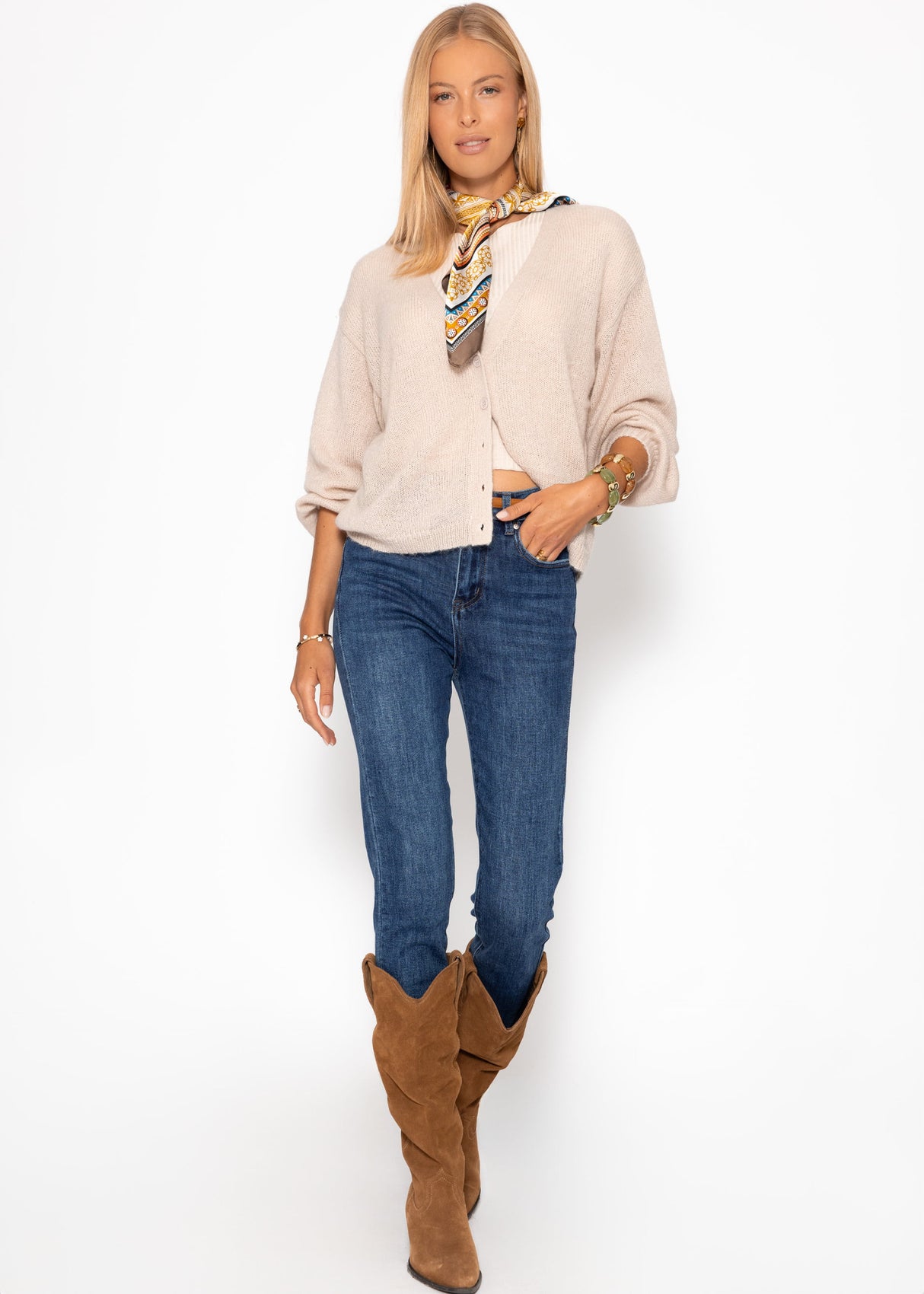 Striped cardigan with V -neck - beige