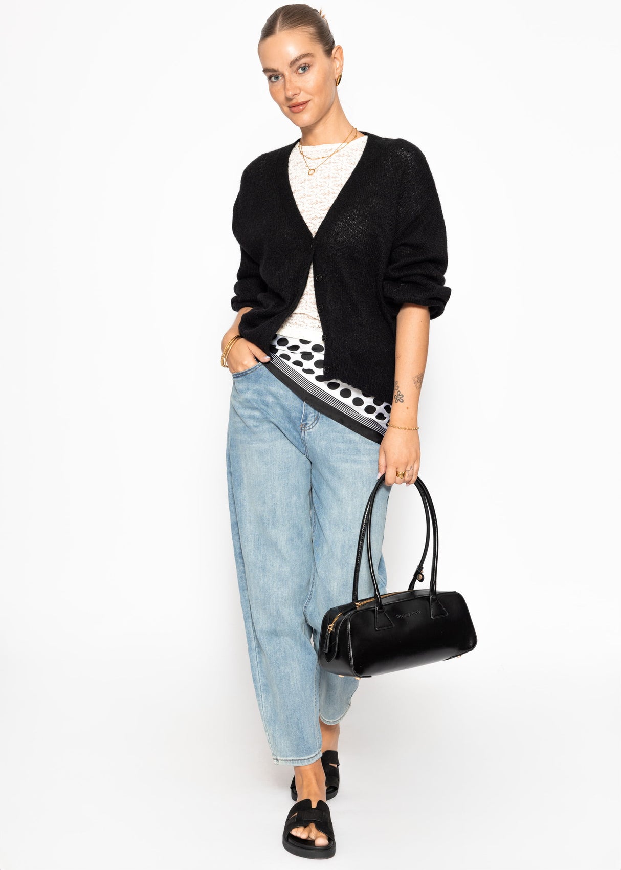 Feinstrick Cardigan mit V-Ausschnitt - schwarz