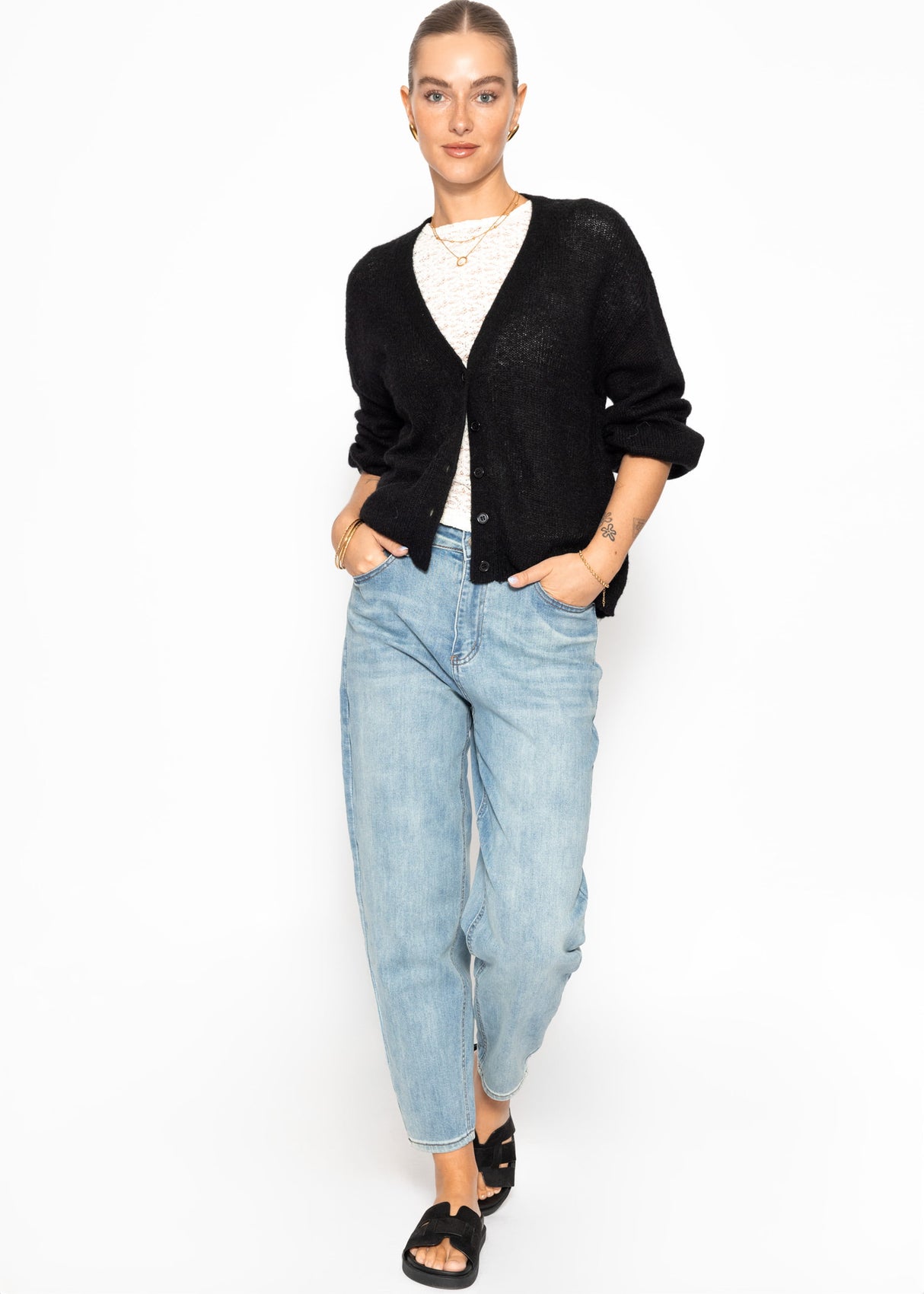 Feinstrick Cardigan mit V-Ausschnitt - schwarz