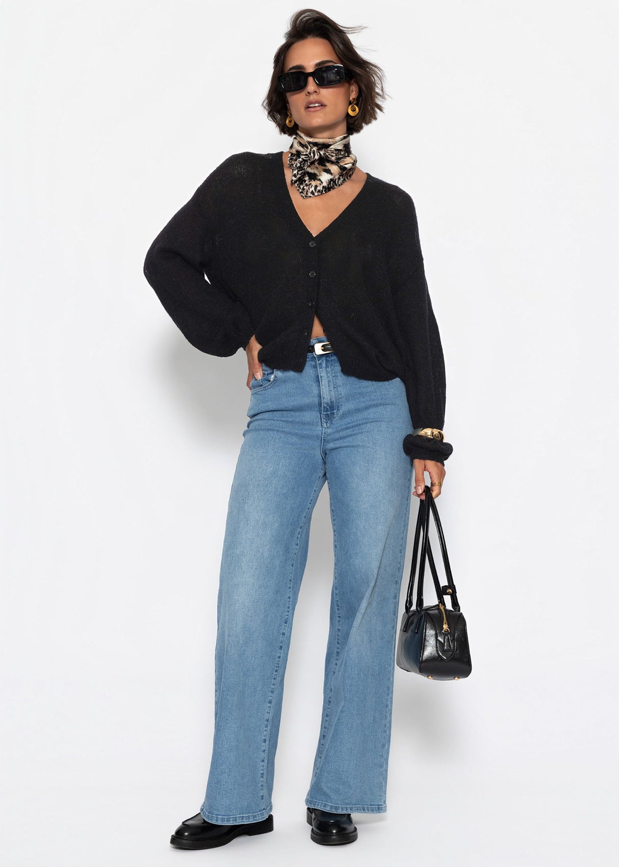 Feinstrick Cardigan mit V-Ausschnitt - schwarz