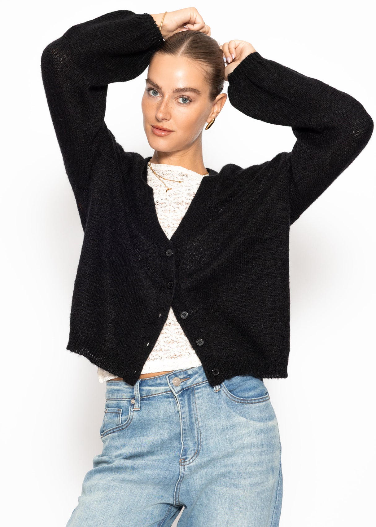 Feinstrick Cardigan mit V-Ausschnitt - schwarz