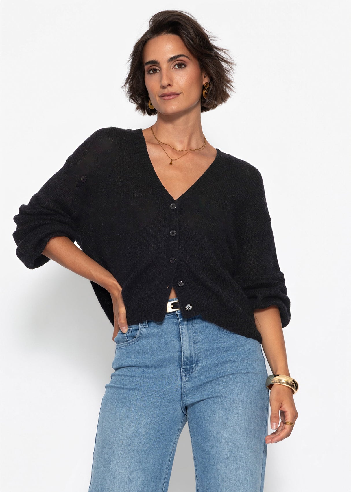 Feinstrick Cardigan mit V-Ausschnitt - schwarz