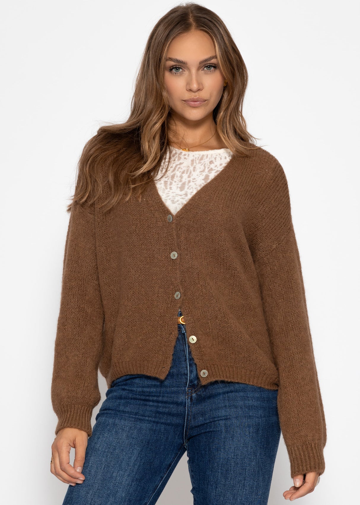 Cardigan with V -neck and button placket - brown