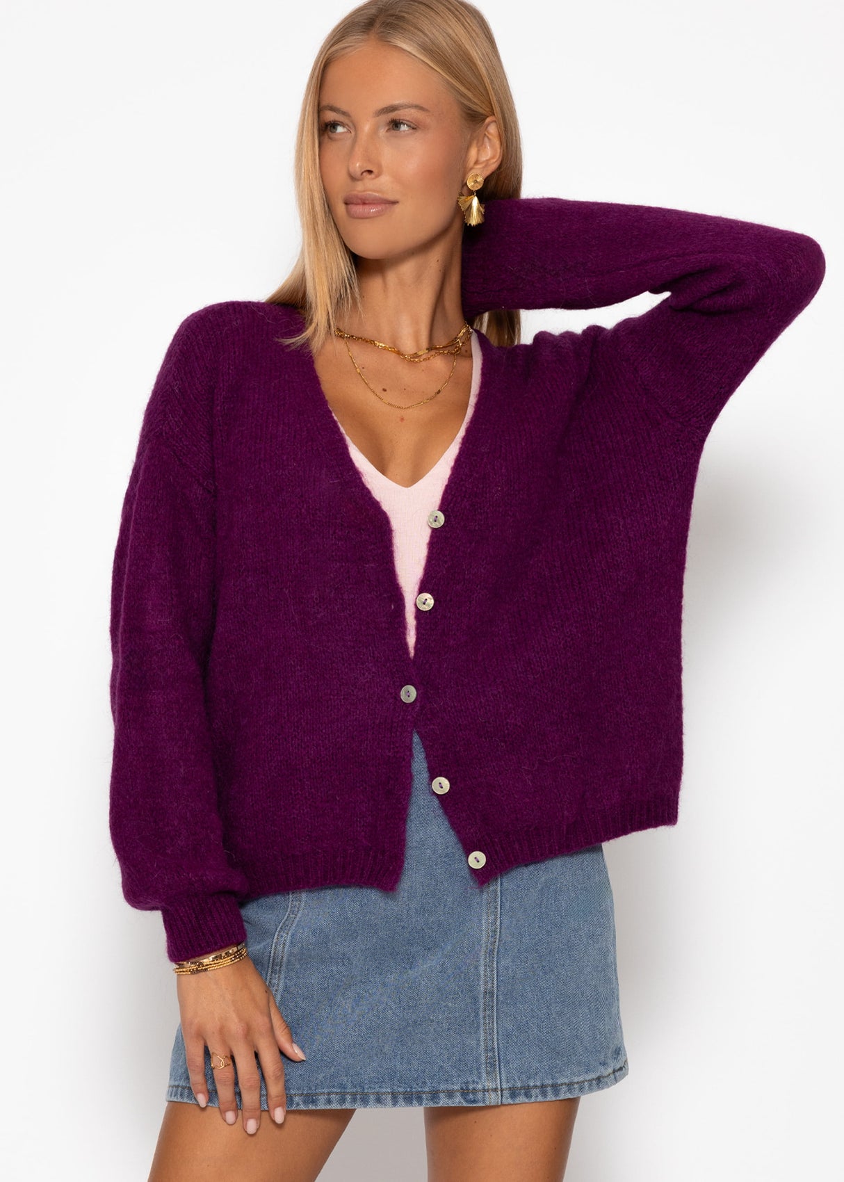 Cardigan with V -neck and button placket - Plum