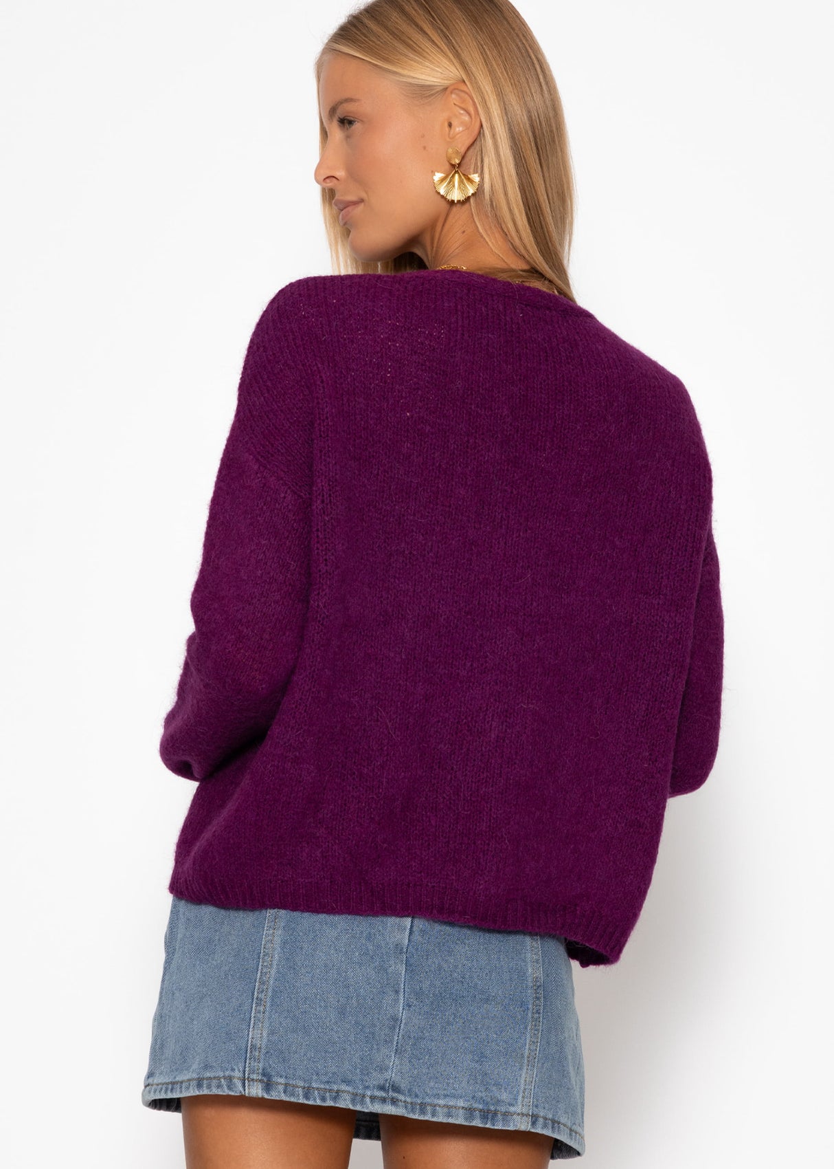 Cardigan with V -neck and button placket - Plum