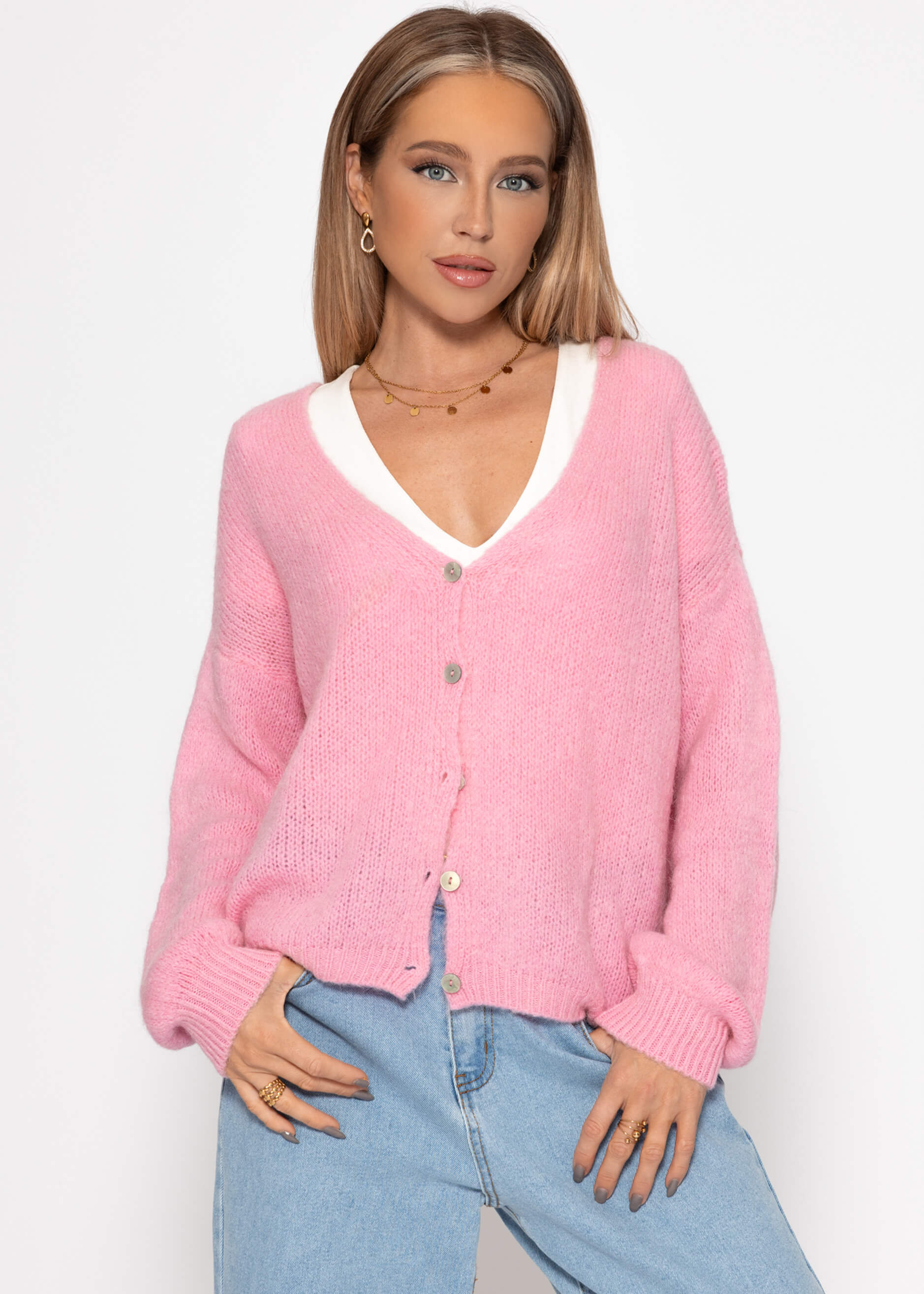 Cardigan with V -neck and button placket - pink