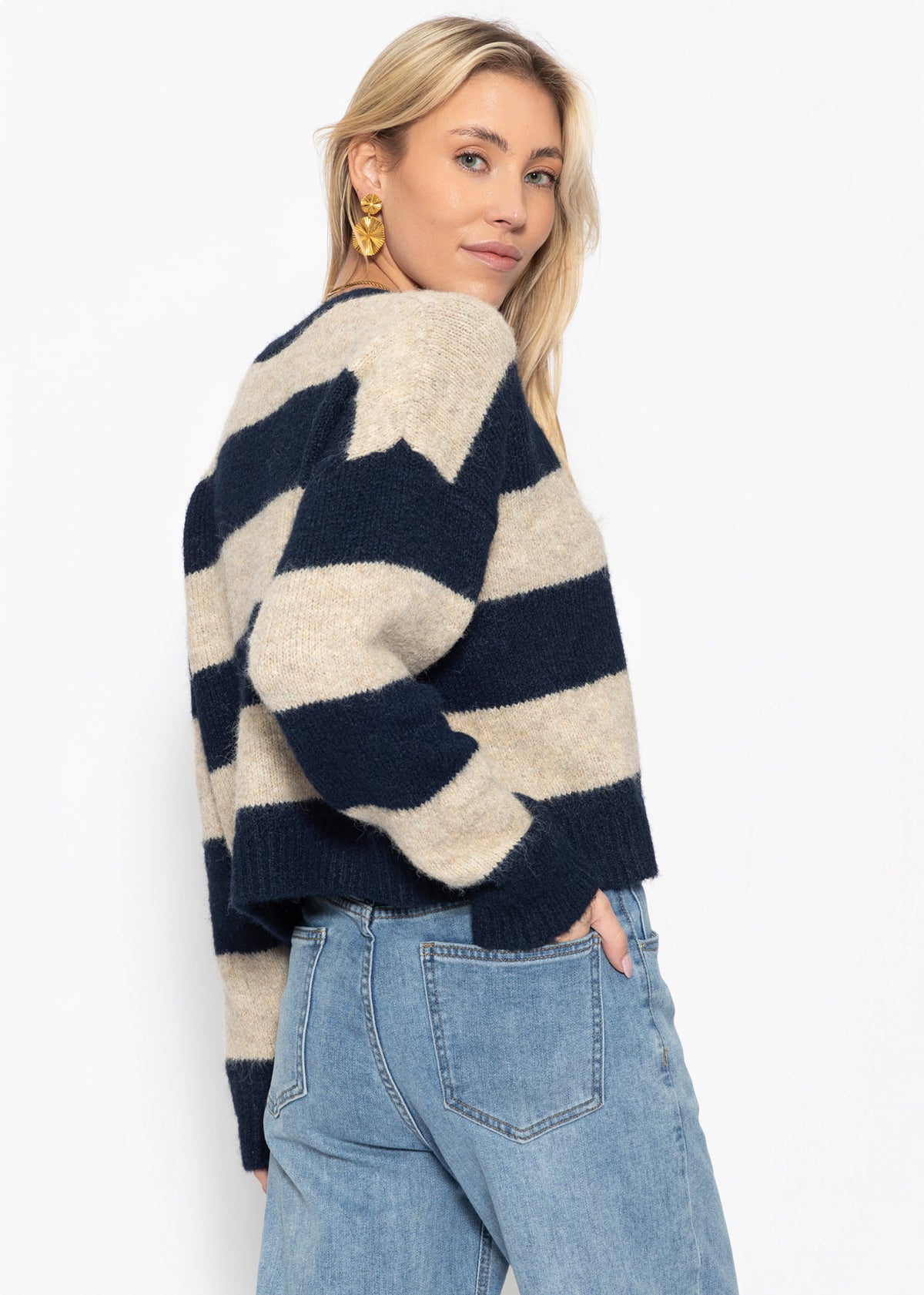 Cardigan with block strips and V-neck-beige-dark blue