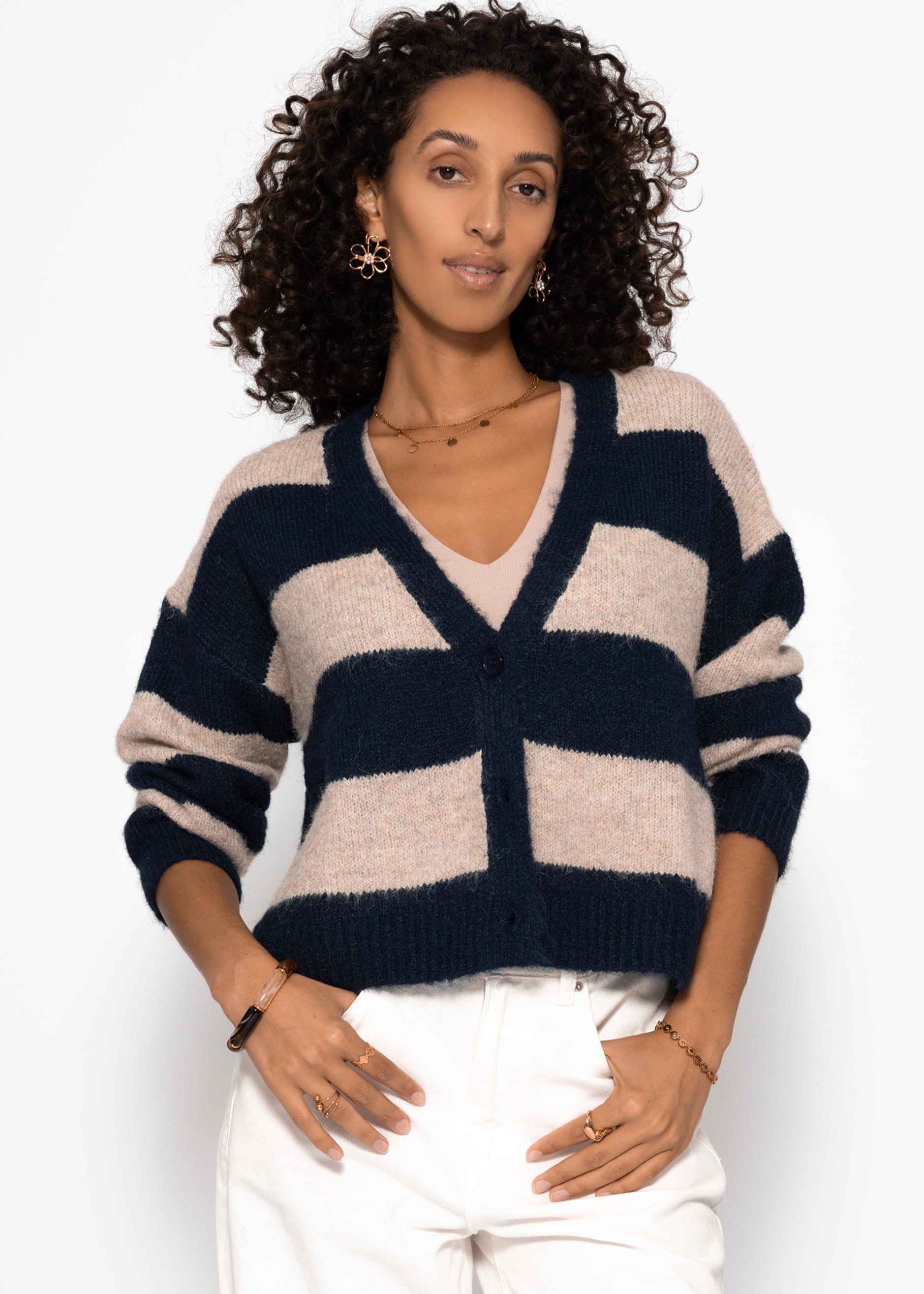 Cardigan with block strips and V-neck-beige-dark blue