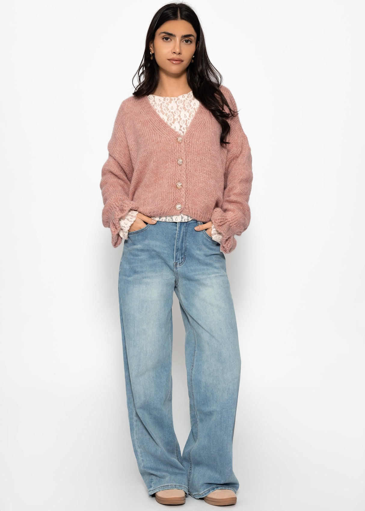 Cardigan with flounces - dusky pink