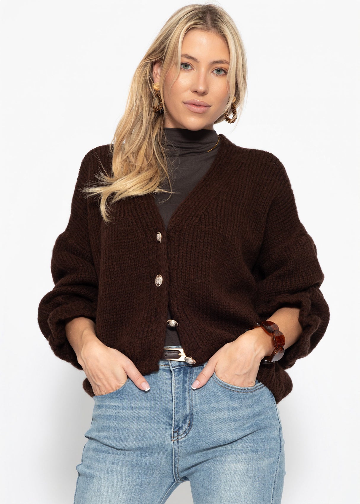 Cardigan mit Volants - braun