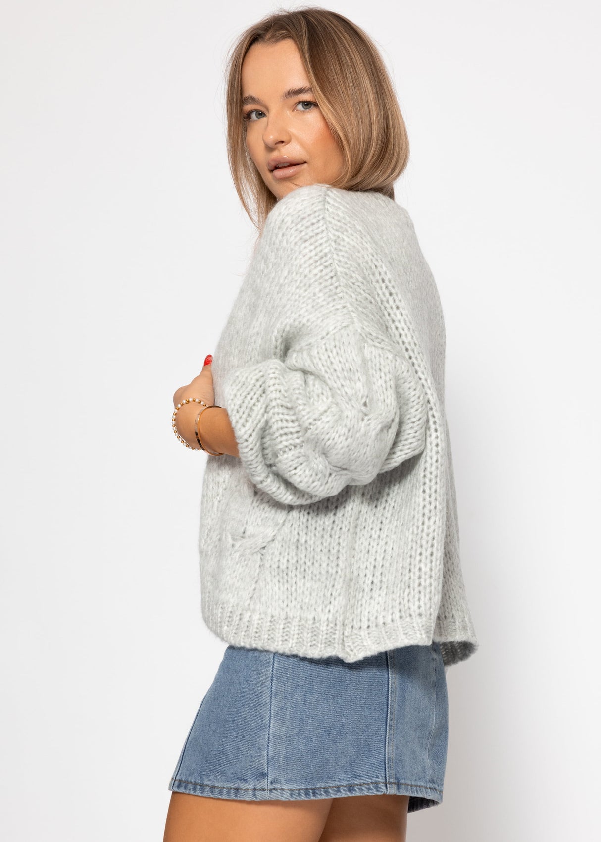 Oversized cardigan with cable knit detail - light grey