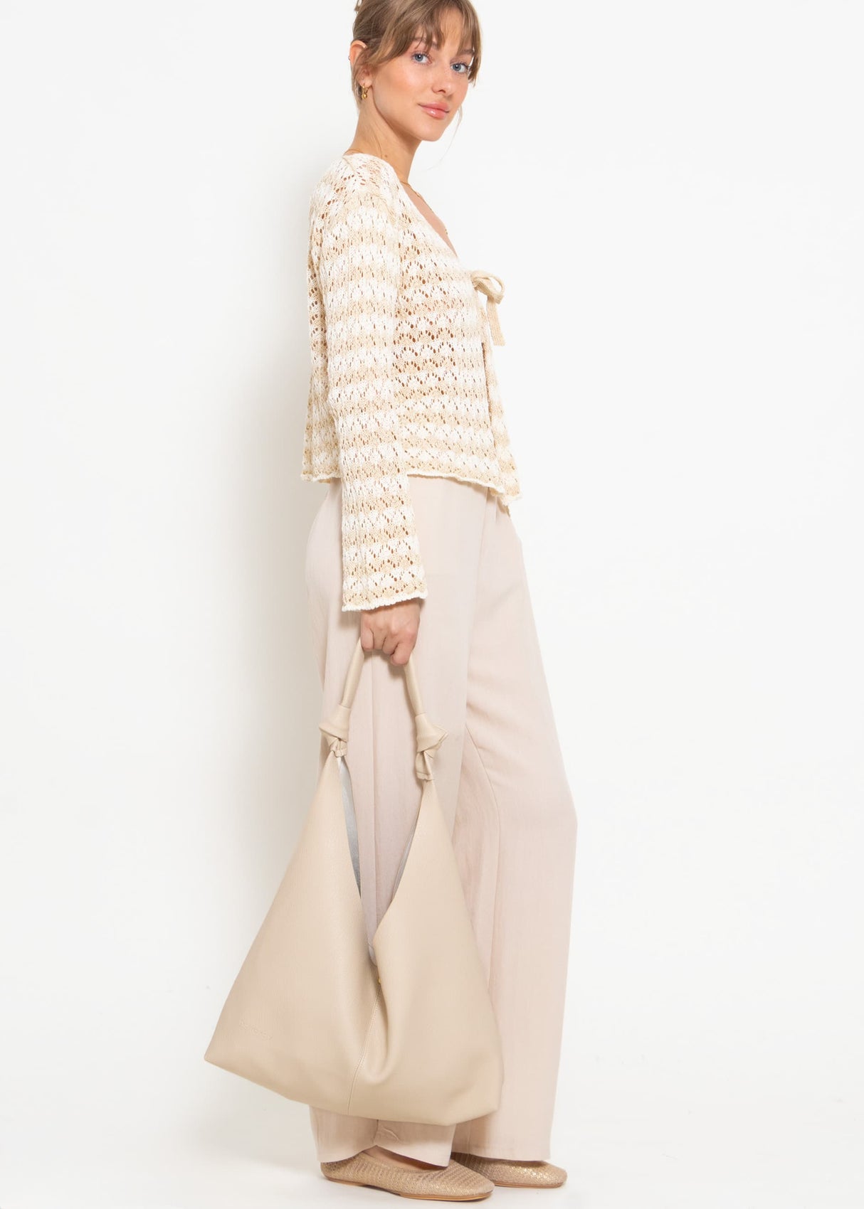 Crop cardigan in openwork knit with ties - beige-off-white