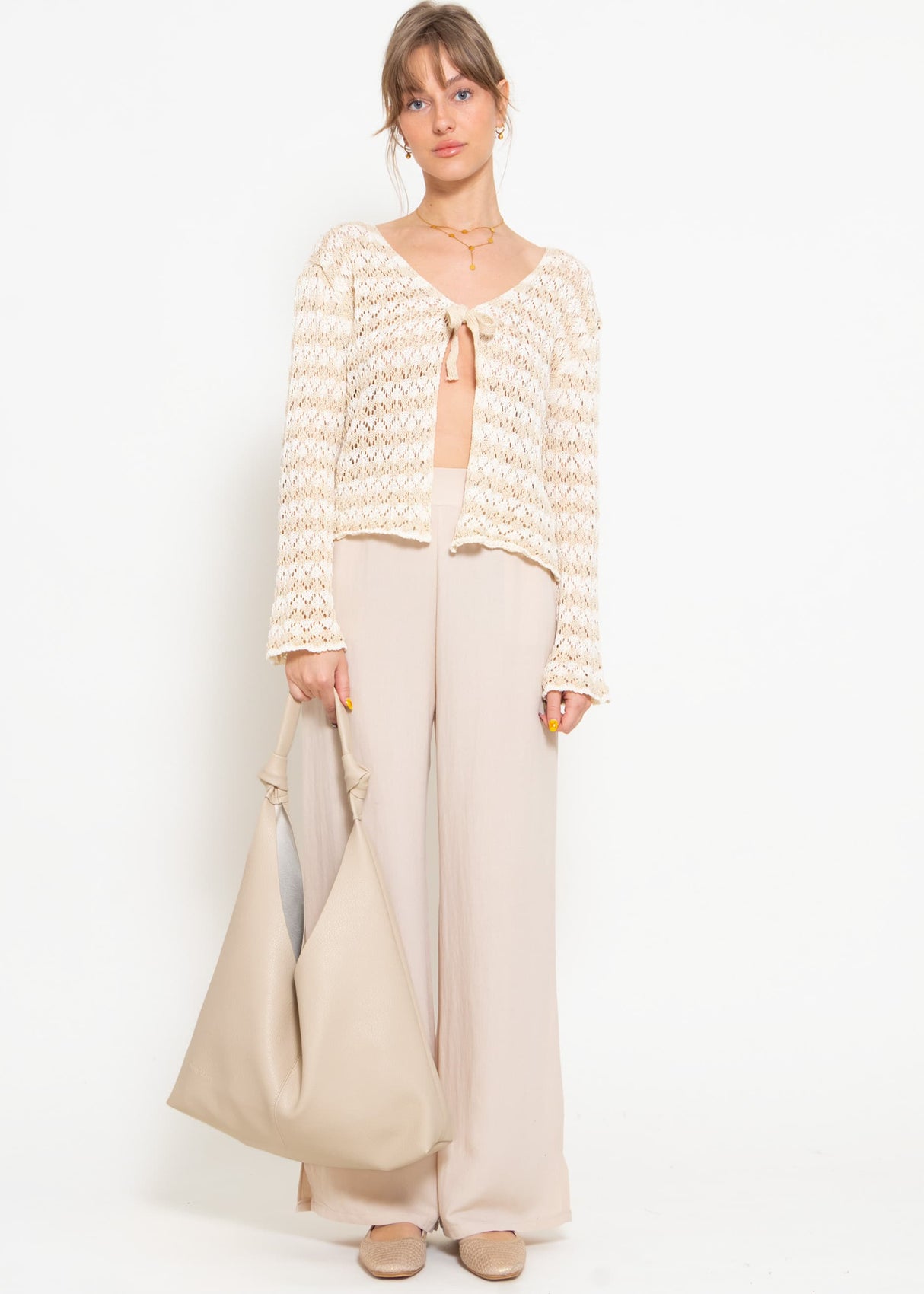 Crop cardigan in openwork knit with ties - beige-off-white