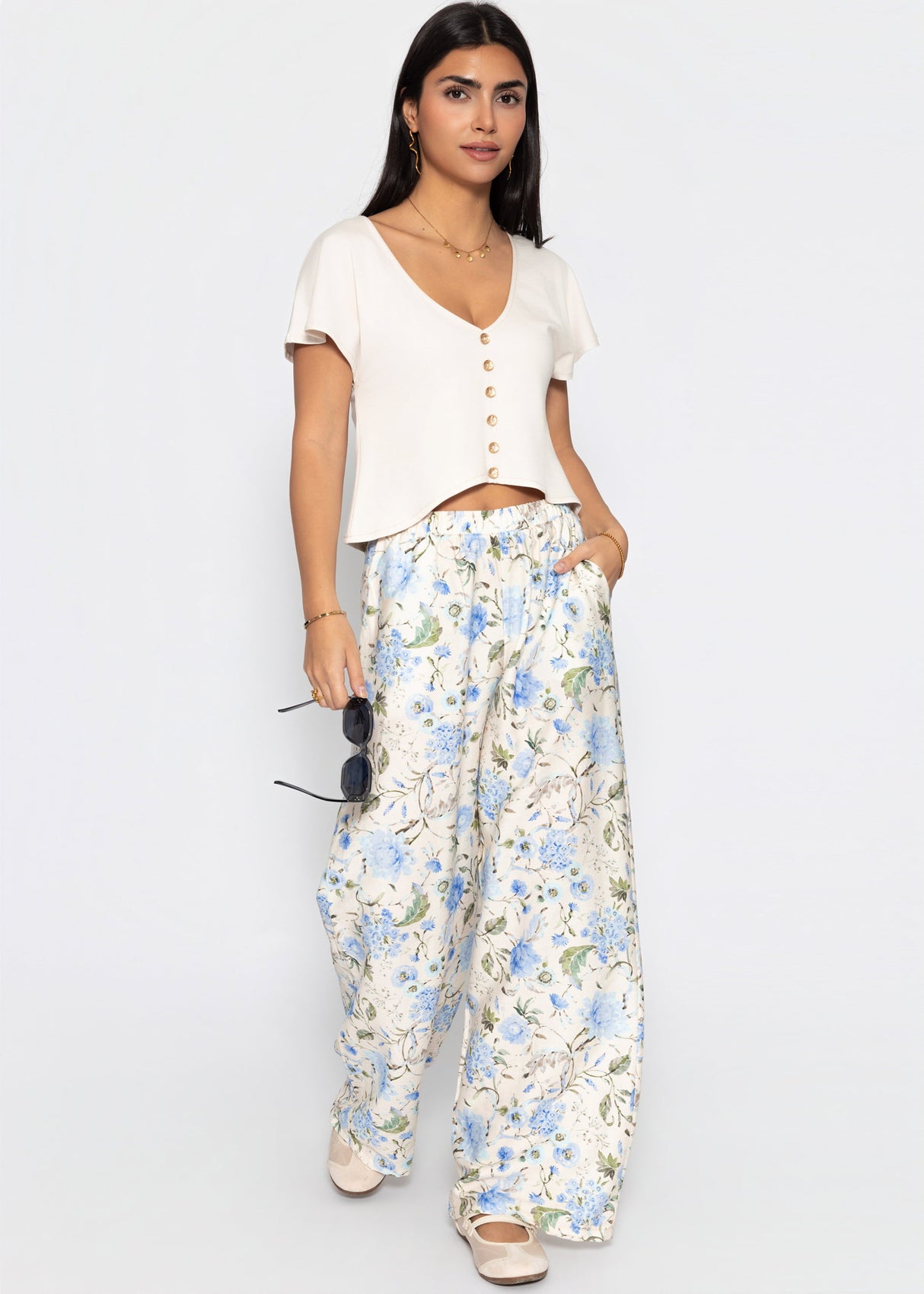 Crop Shirt mit Flügelärmel - beige