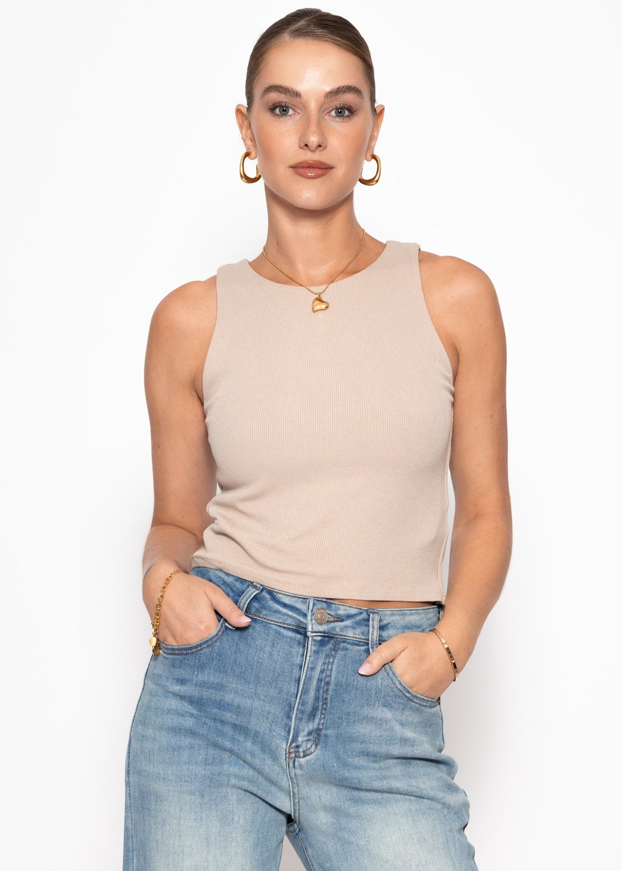 Double -layer, ribbed tank top - beige