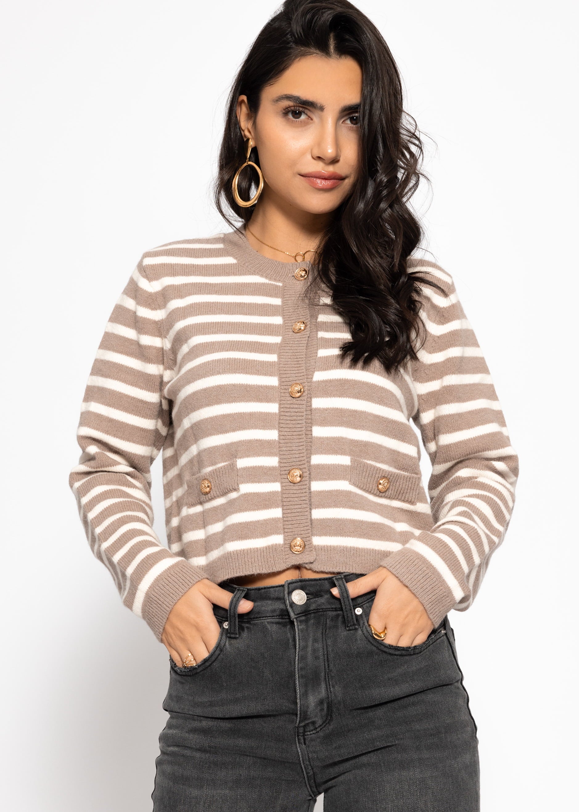 Elegant cardigan with striped pattern - beige