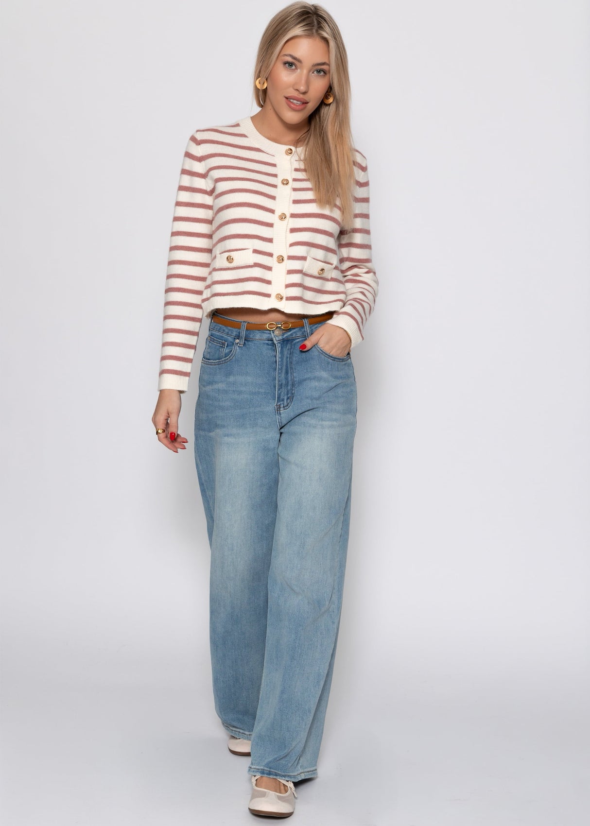 Elegant cardigan with striped pattern - off-white