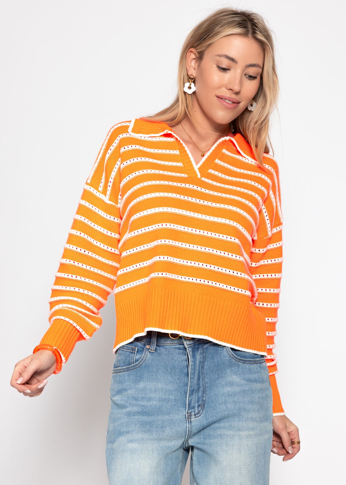 Fine knit sweater with polo collar and openwork stripes - orange