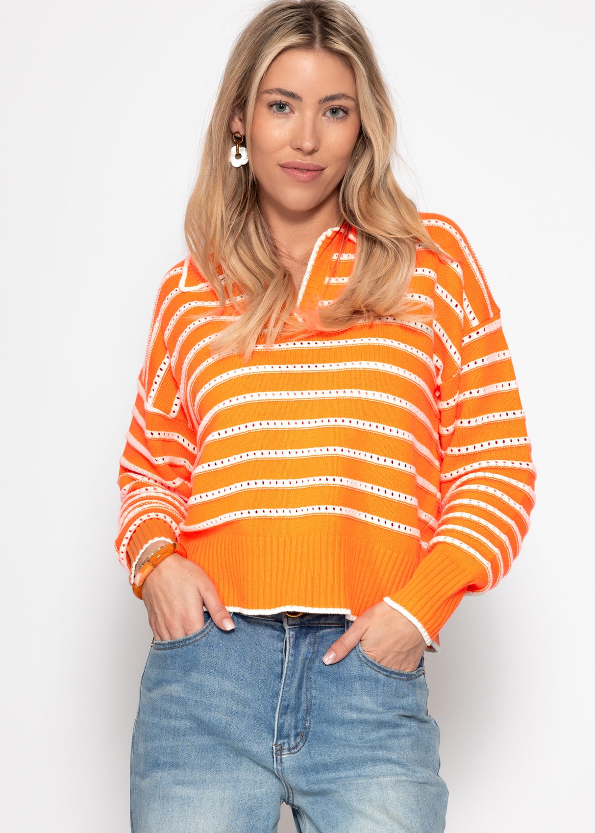 Fine knit sweater with polo collar and openwork stripes - orange
