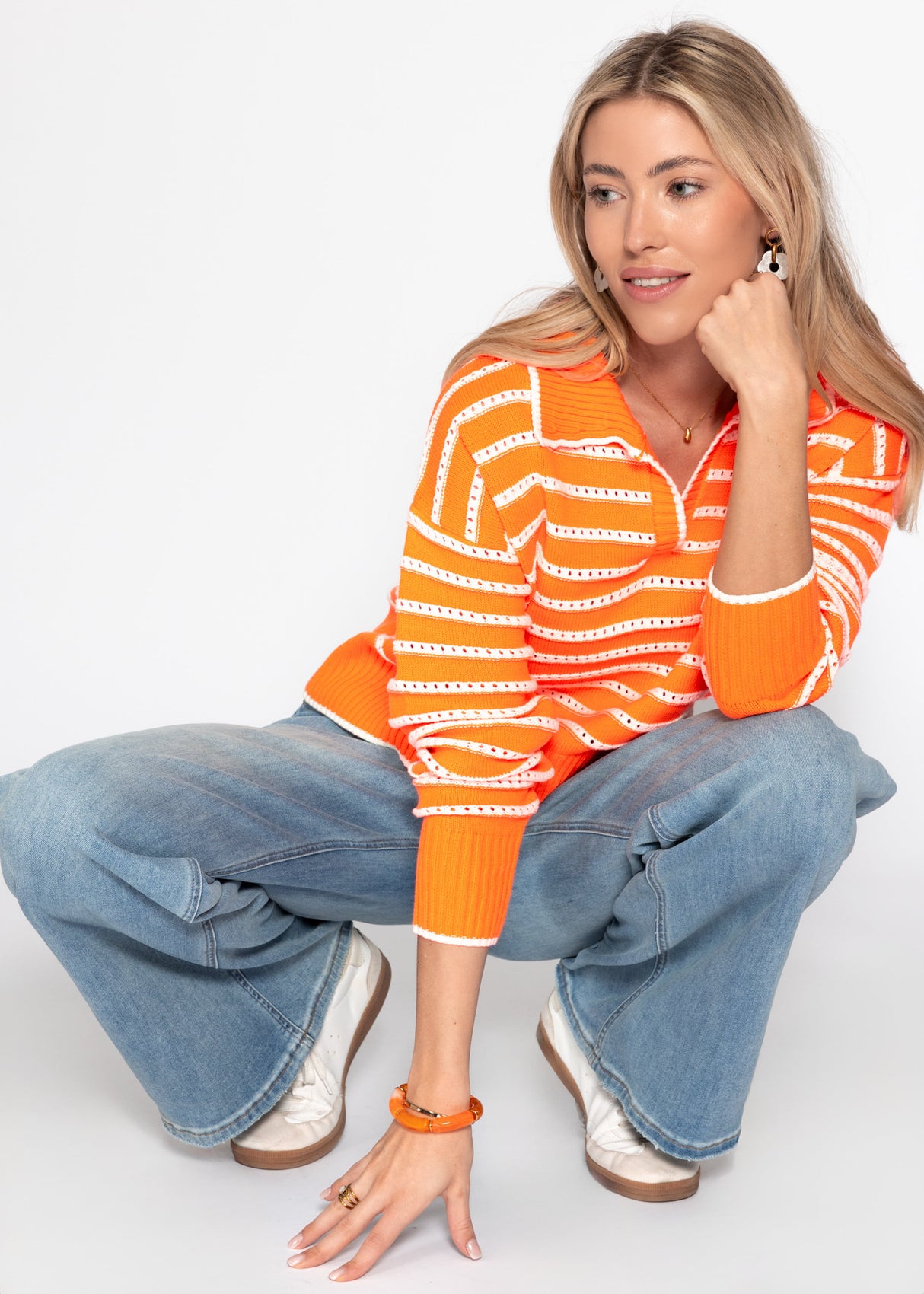 Fine knit sweater with polo collar and openwork stripes - orange