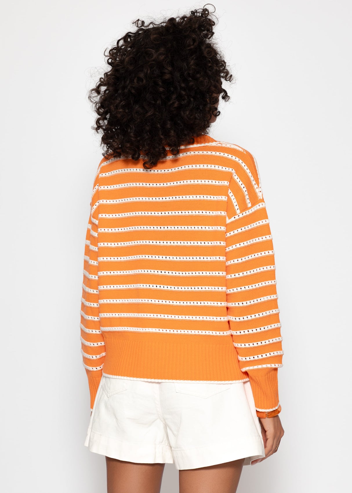 Fine knit sweater with polo collar and openwork stripes - orange