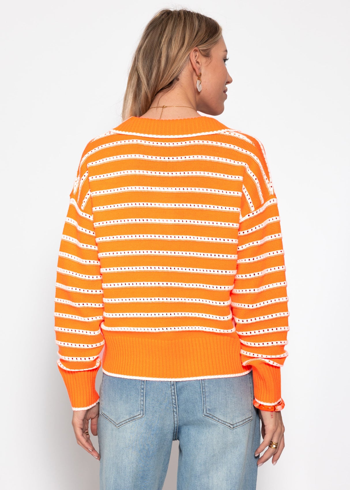 Fine knit sweater with polo collar and openwork stripes - orange