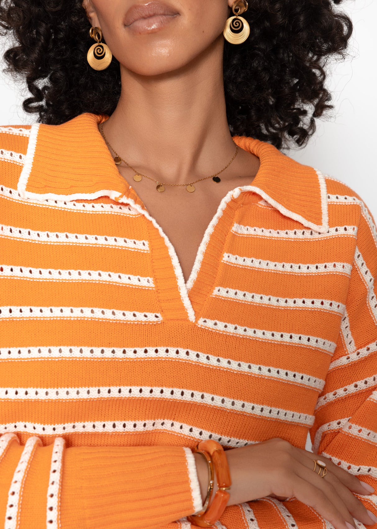 Fine knit sweater with polo collar and openwork stripes - orange
