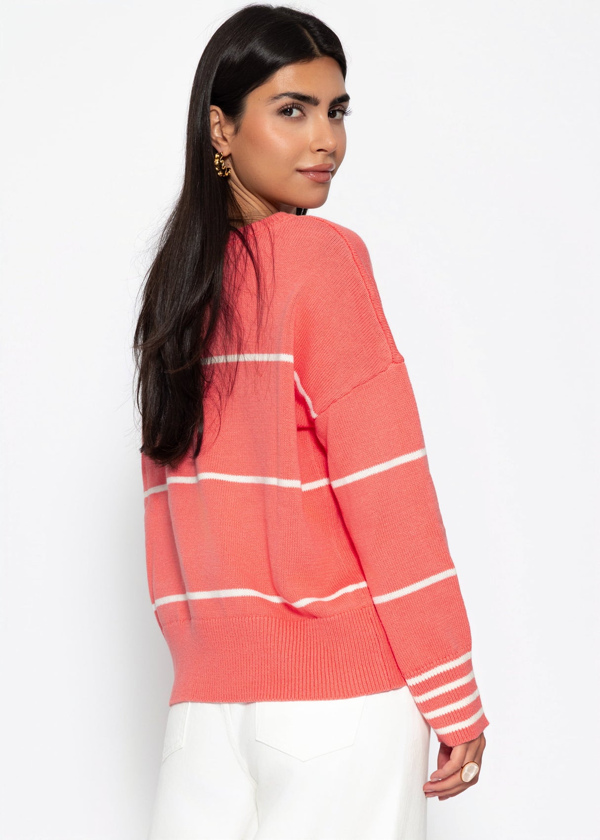 Fine knit sweater with contrasting stripes - coral