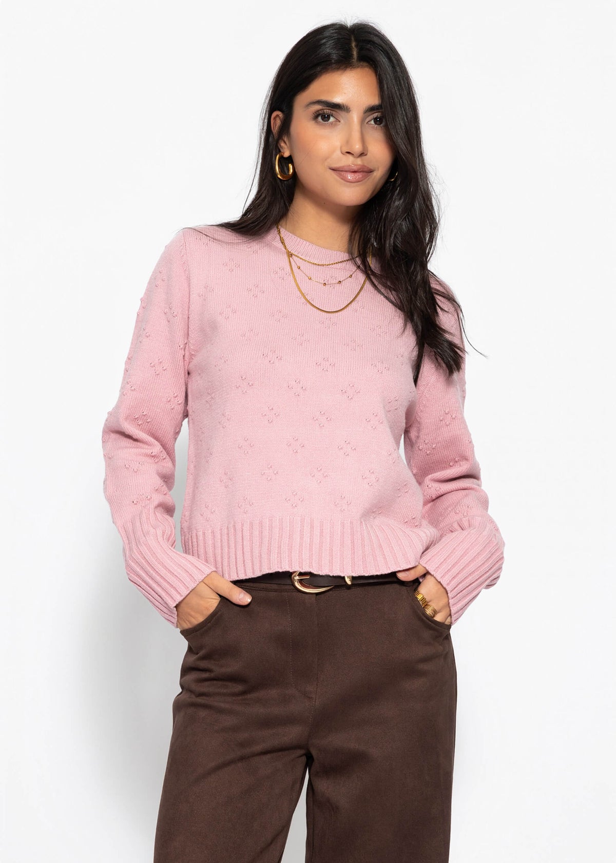 Feinstrickpullover mit Strukturmuster - rosa