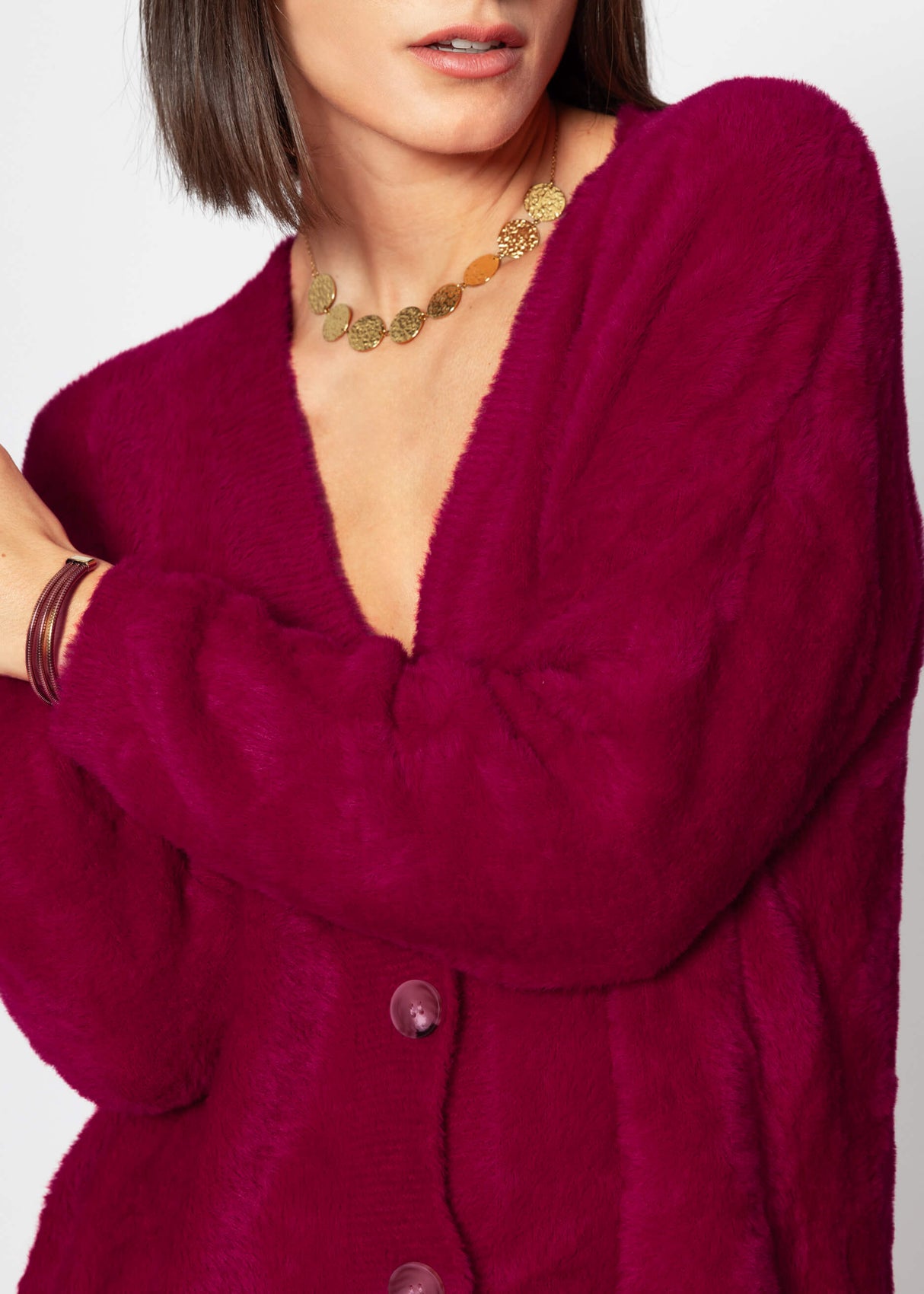 Fluffy button-up cardigan - berry