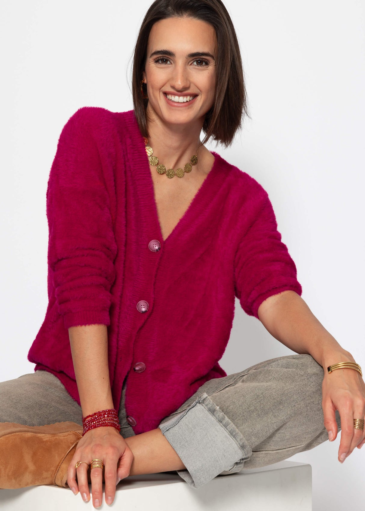 Fluffy button-up cardigan - berry