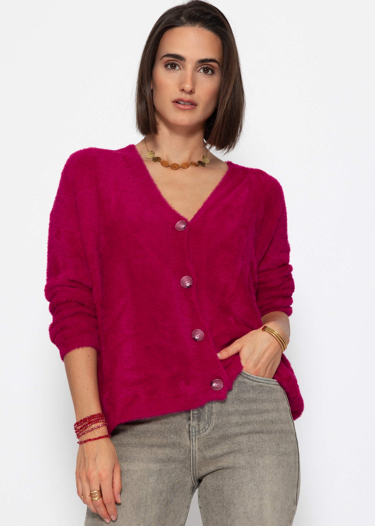 Fluffy button-up cardigan - berry