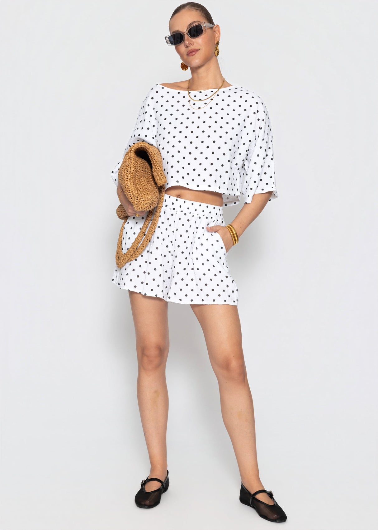 Gepunktetes Musselin Shirt mit Fledermausärmeln - weiß