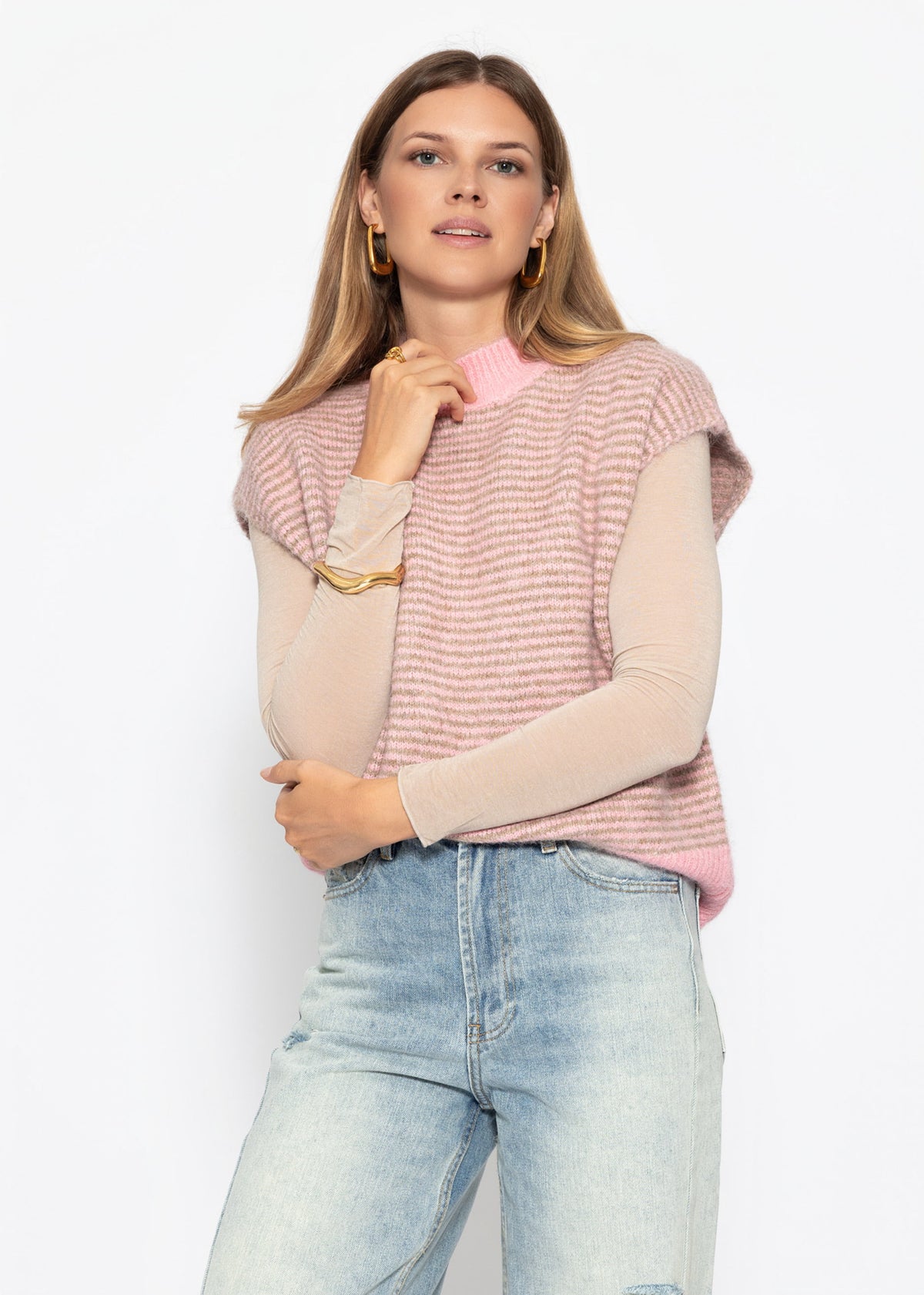 Geringelter Pullunder mit Stehkragen - rosa-taupe