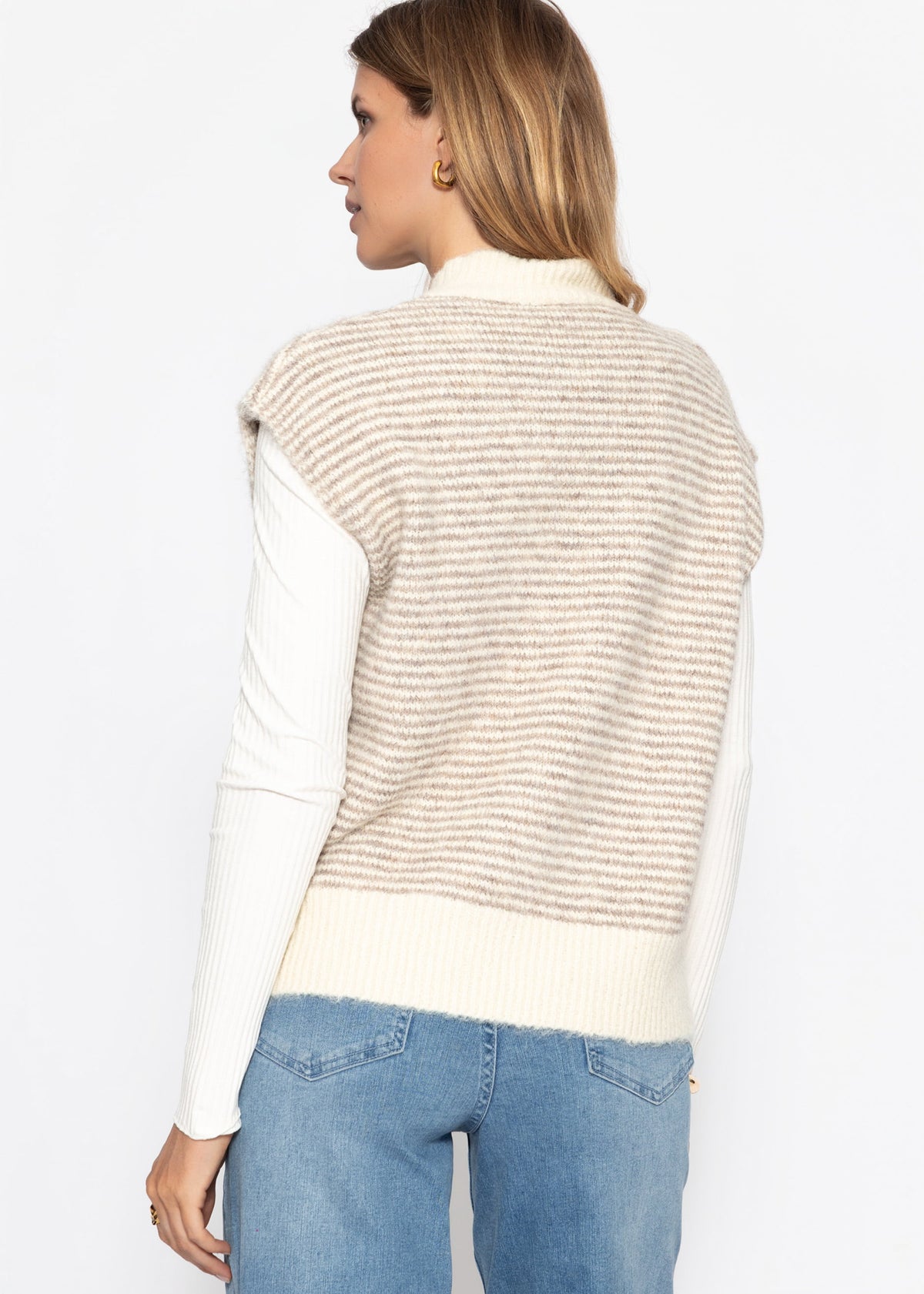 Geringelter Pullunder mit Stehkragen - taupe-offwhite