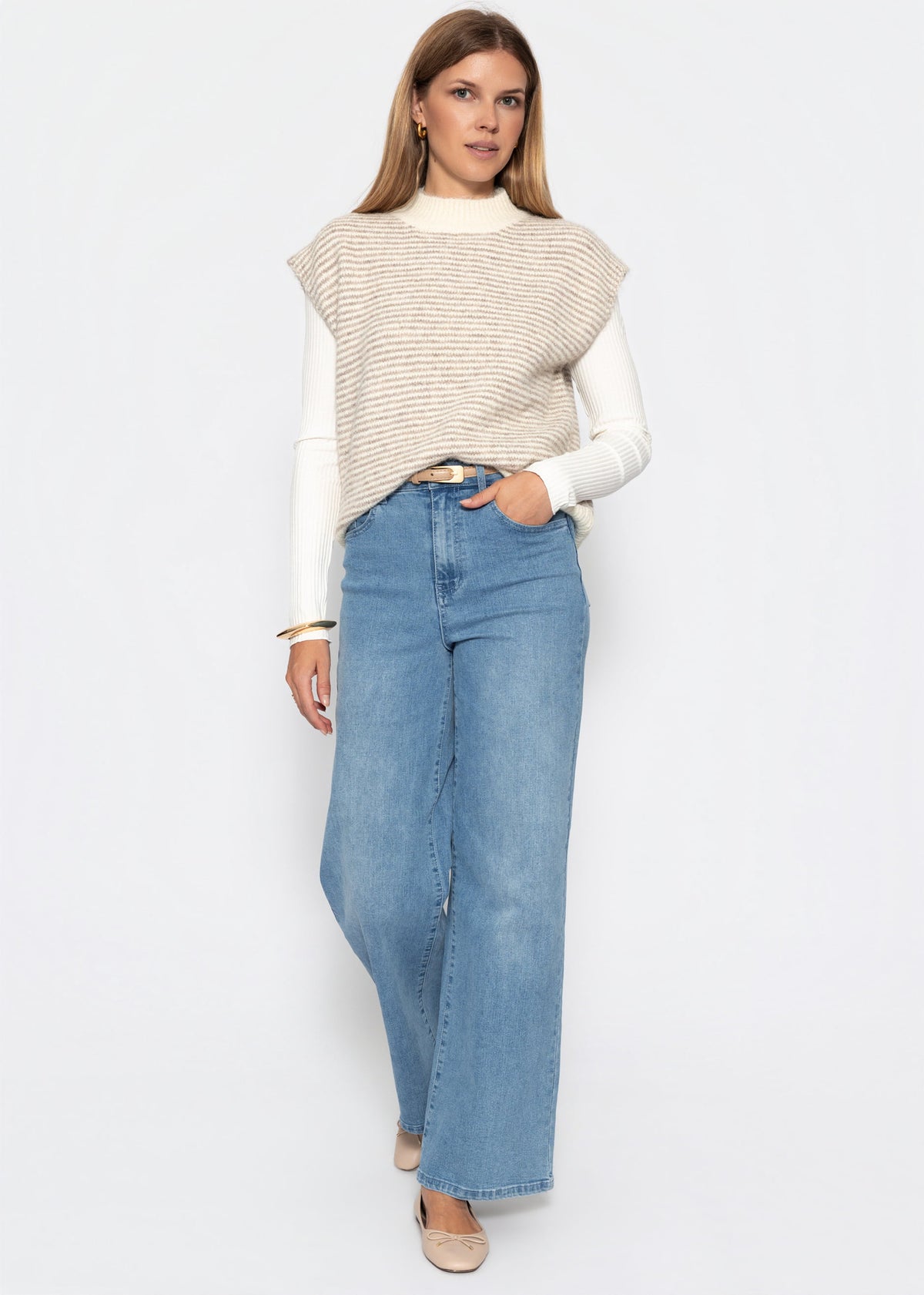 Geringelter Pullunder mit Stehkragen - taupe-offwhite