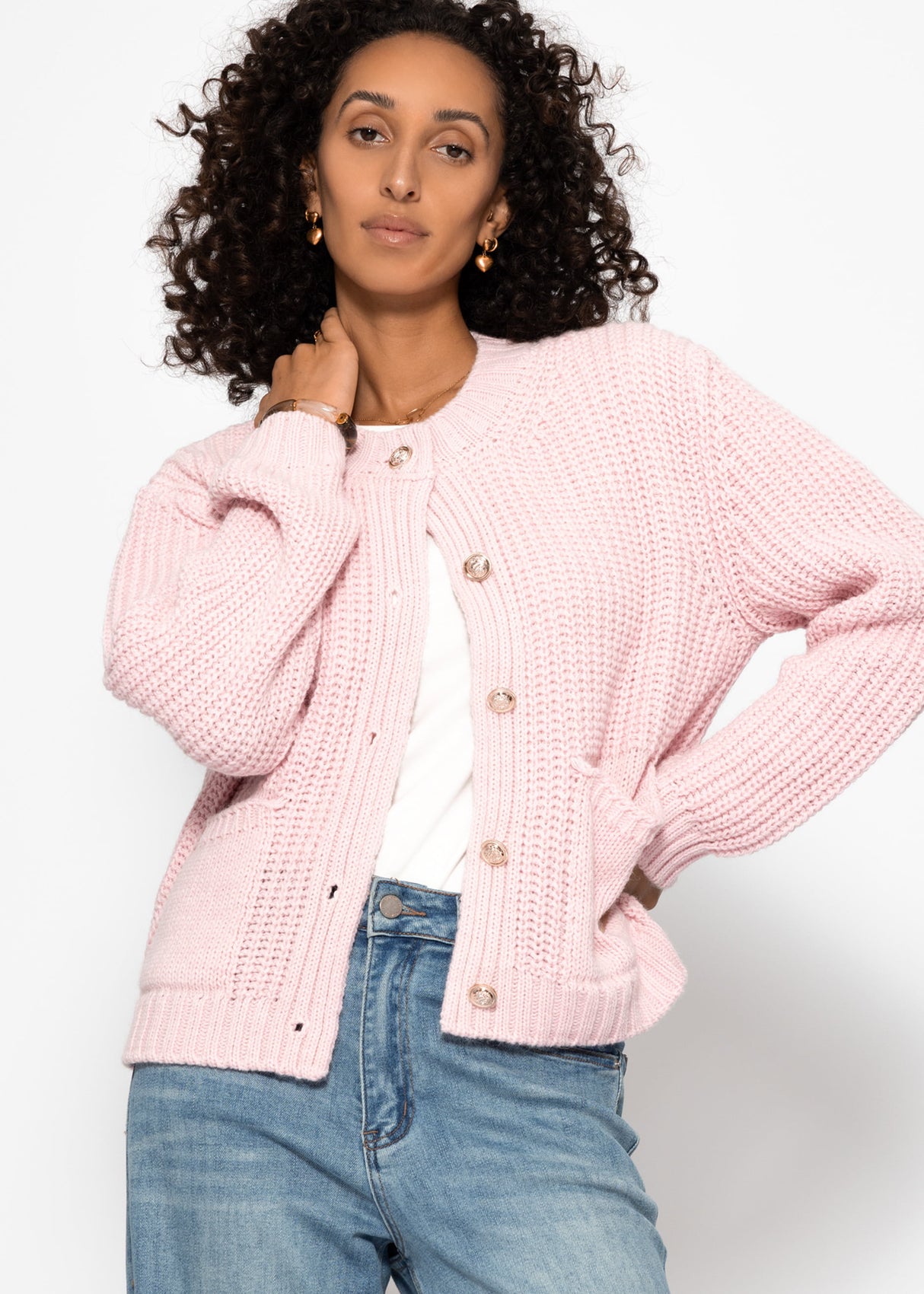 Gerippter Cardigan mit Taschen - rosa